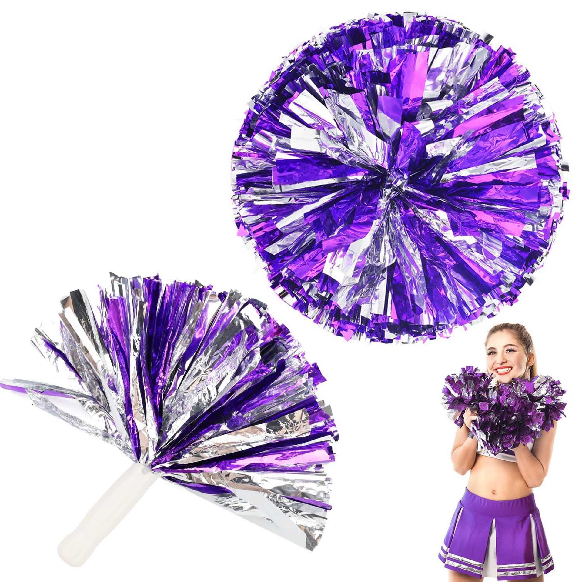 Purple & Silver Metallic Foil Pom Poms - Ideal for Cheerleading, Sports Cheers, Dance & Parties