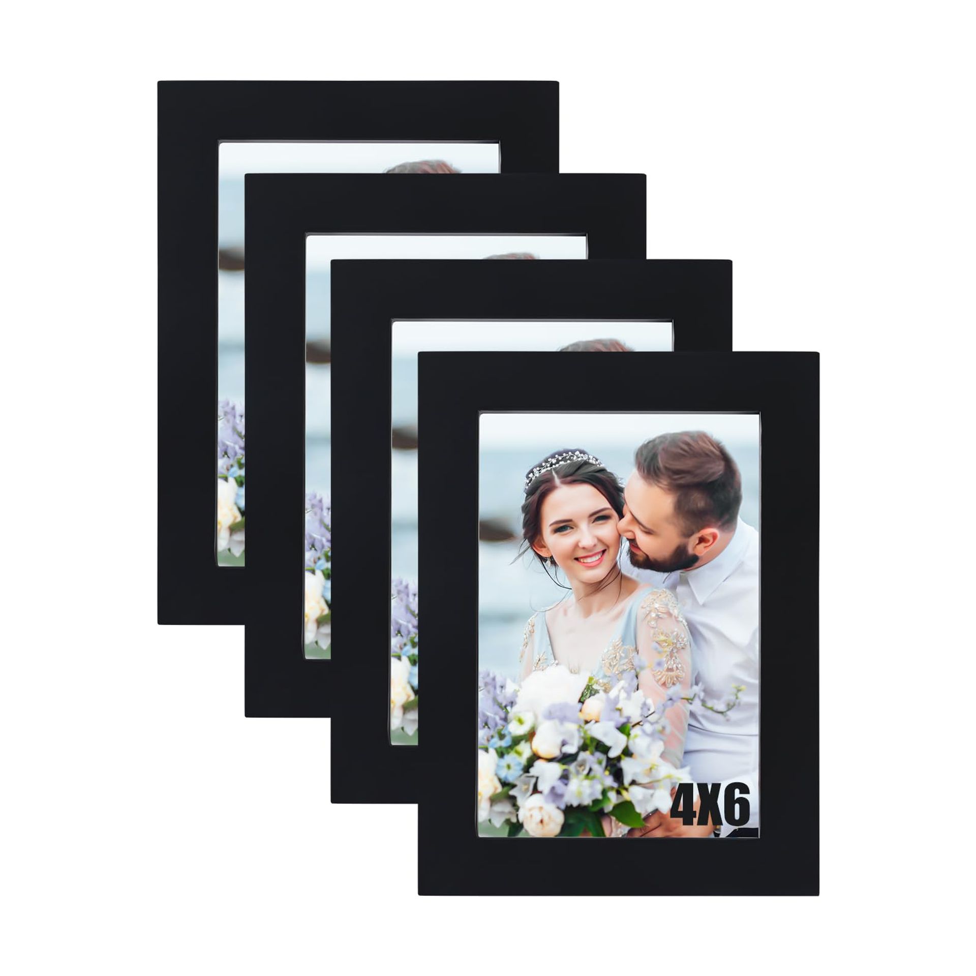 Elegant Black 6x4 Solid Wood & Real Glass Picture Frames Set of 4 for Tabletop & Wall Display