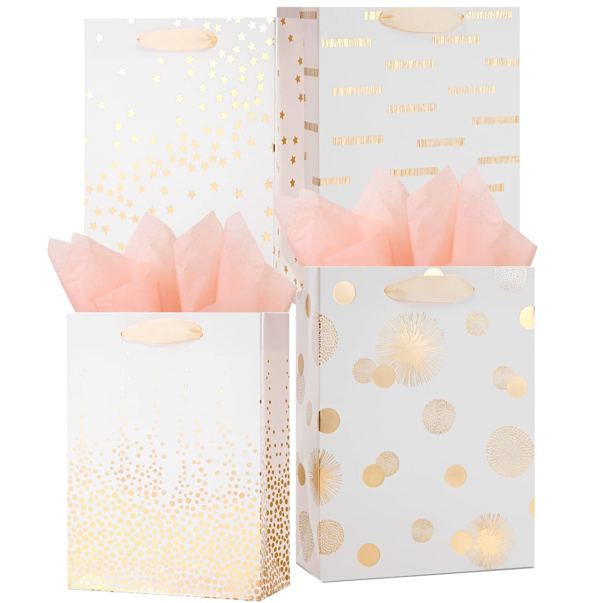 12Pcs Gold Foil Metallic Gift Wrap Bags - Assorted Designs for Holidays, Birthdays, Weddings - Medium 9x7x4 Inch