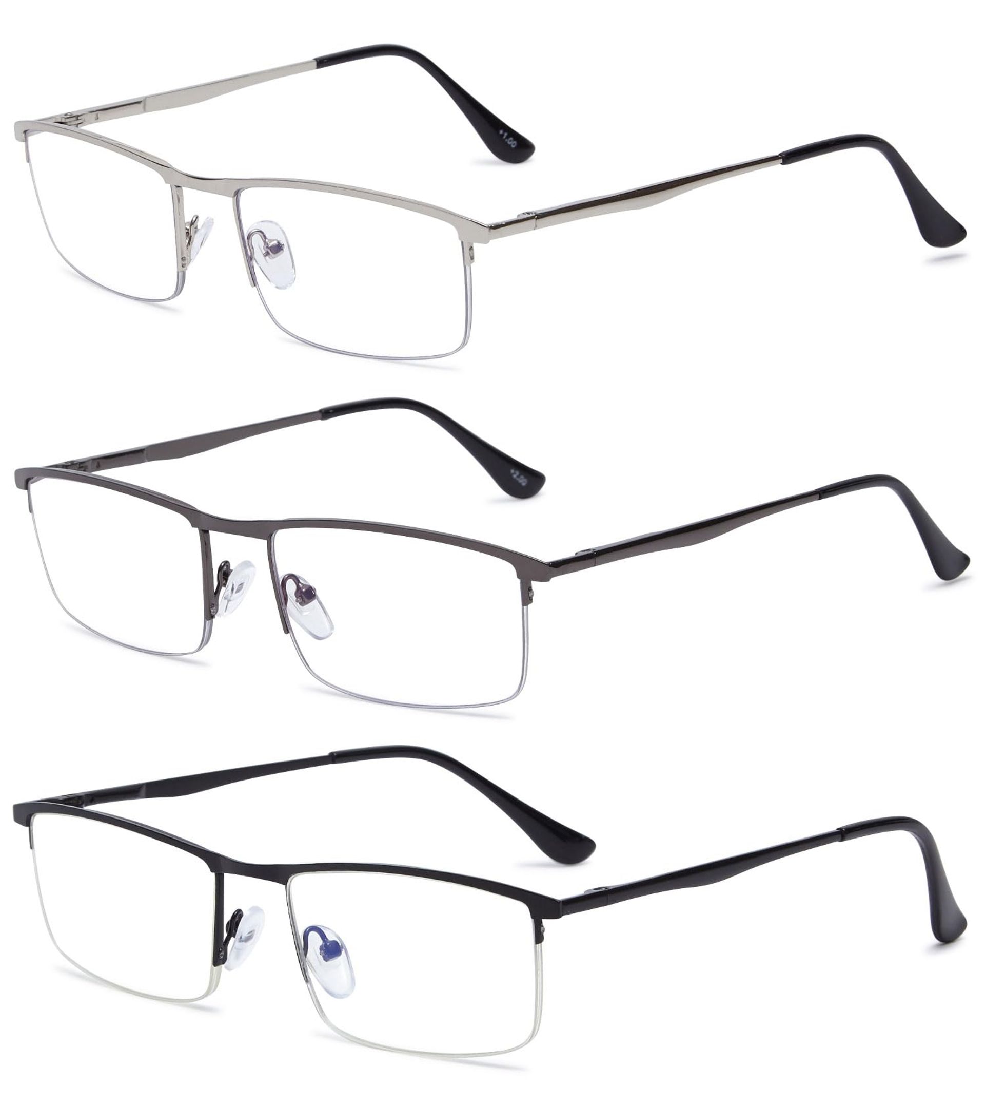 Metal Reading Glasses Blue Light Blocking Half Rim Rectangle Readers for Men & Women - 3 Packs (Black + Silver + Grey) 1.0