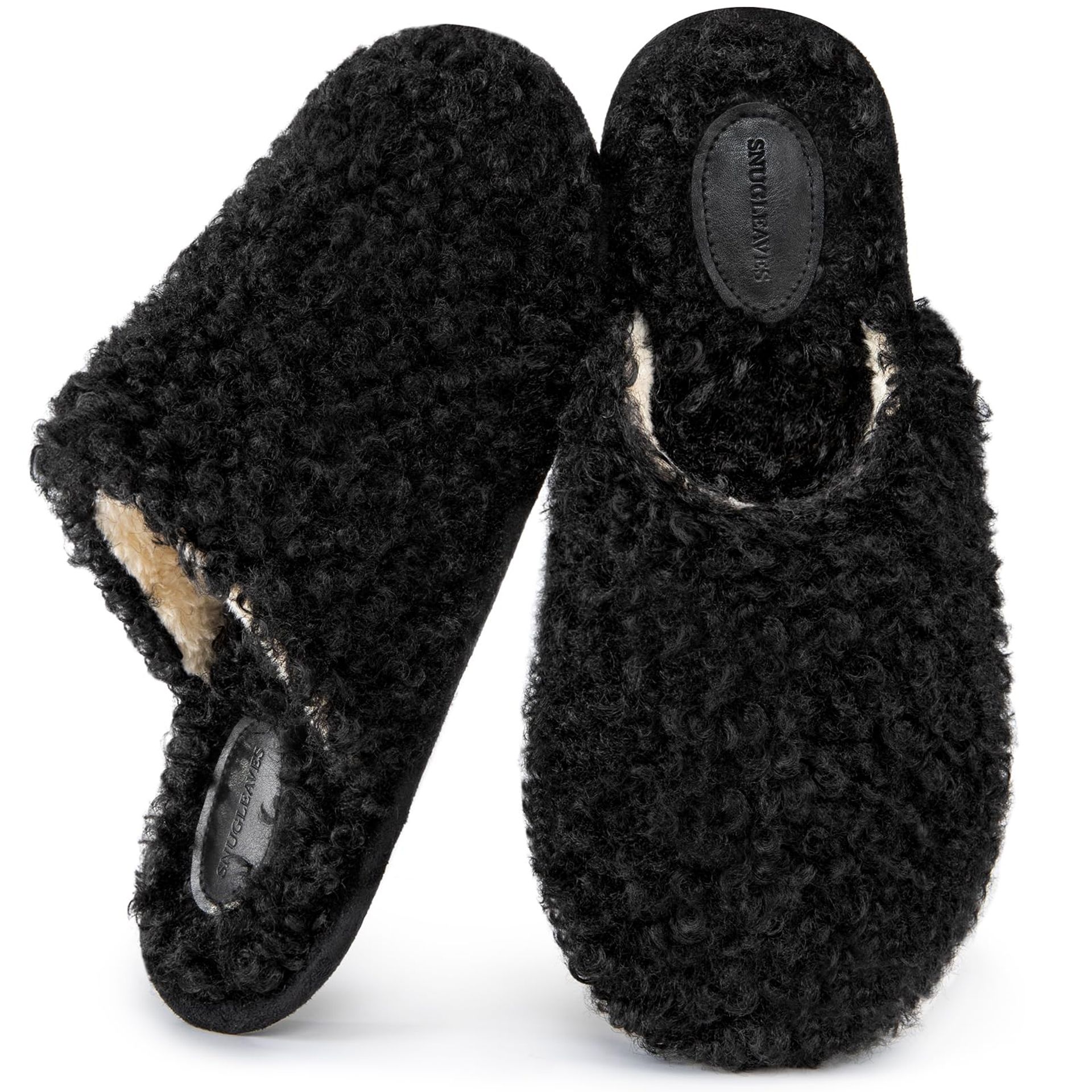 Snug Leaves Women's Furry Faux Wool Memory Foam Slippers, Black, Size 5-6 UK