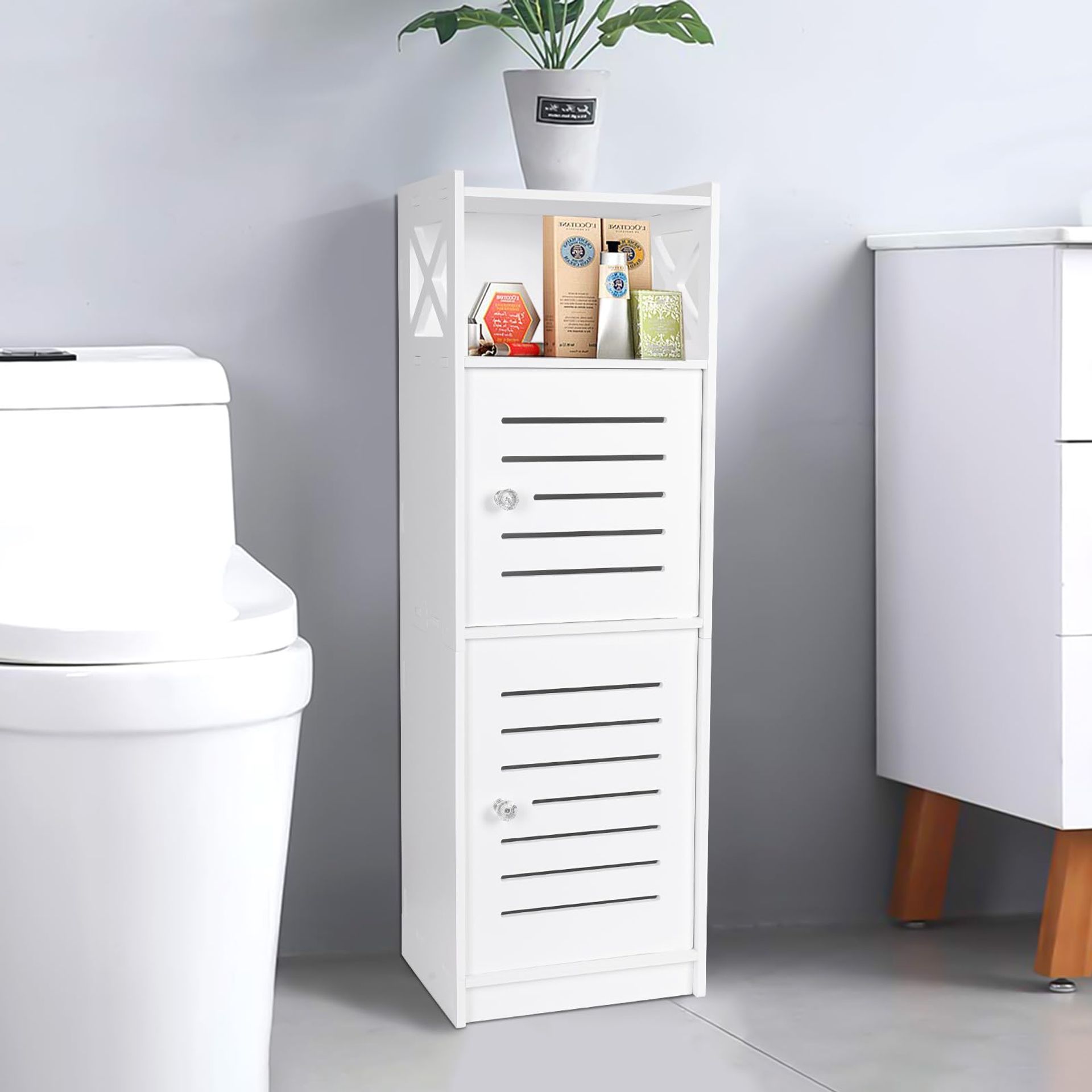 Freestanding Bathroom Floor Cabinet Toilet Paper Holder with Storage Cupboard and Shelf - White TSC02