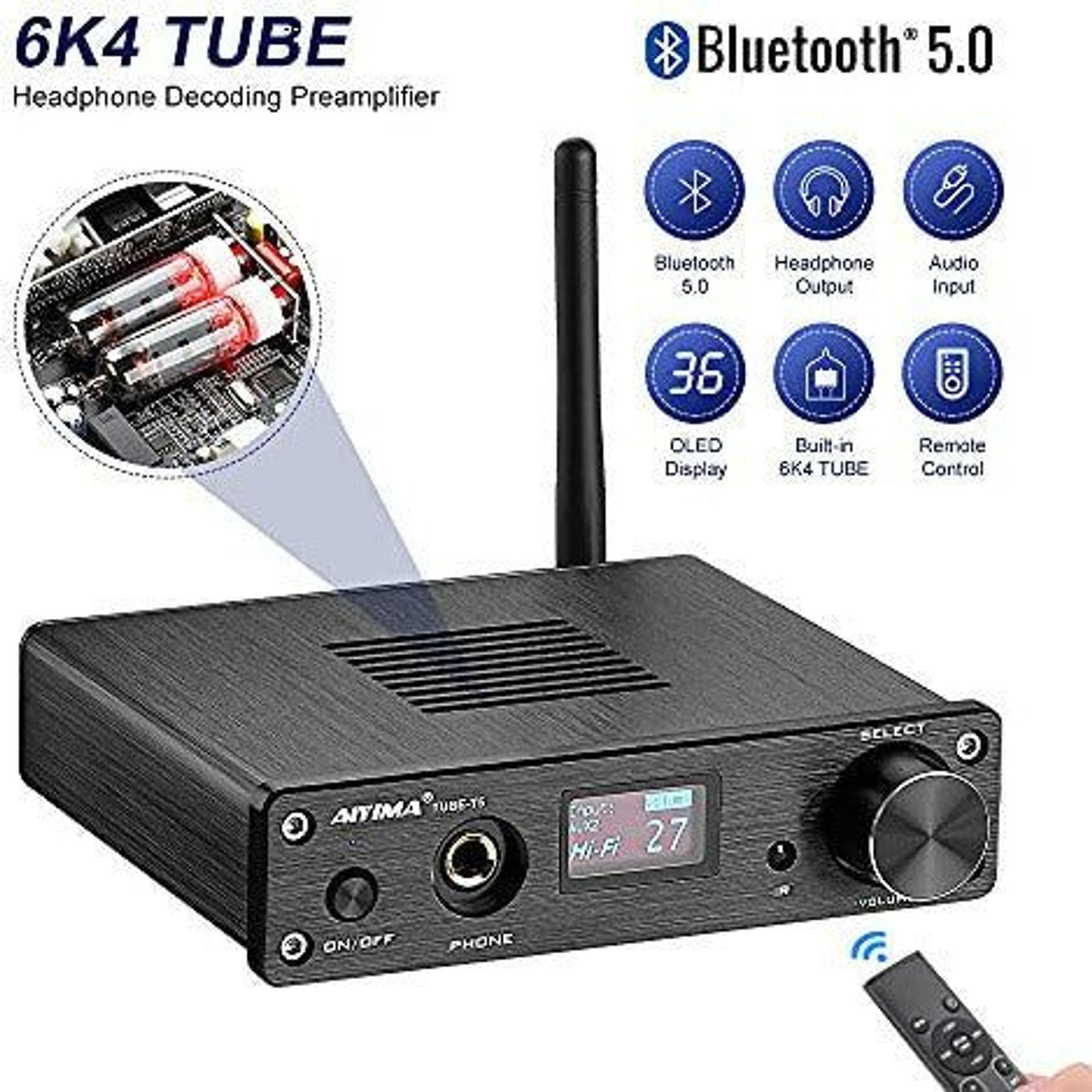 AIYIMA TUBE-A3 PRO Préamplificateur à Tubes Stéréo 2x 6K4 2x AOP NE5532 Bluetooth 5.0 Noir