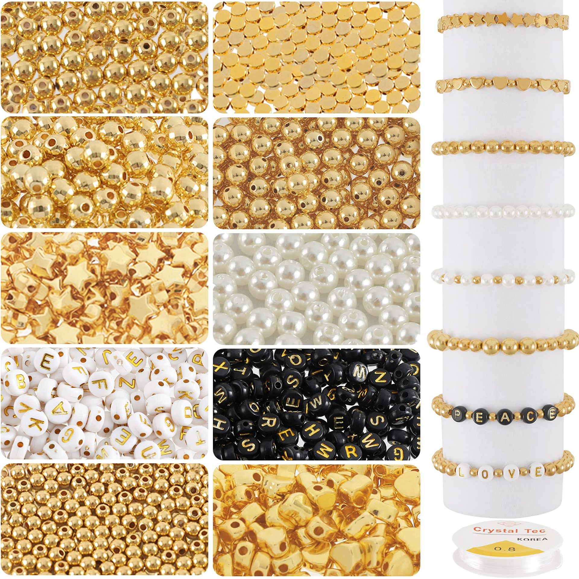 Whaline 1500pcs Bead Making Kit - Gold, White, Pearl Beads for DIY Jewellery Crafting
