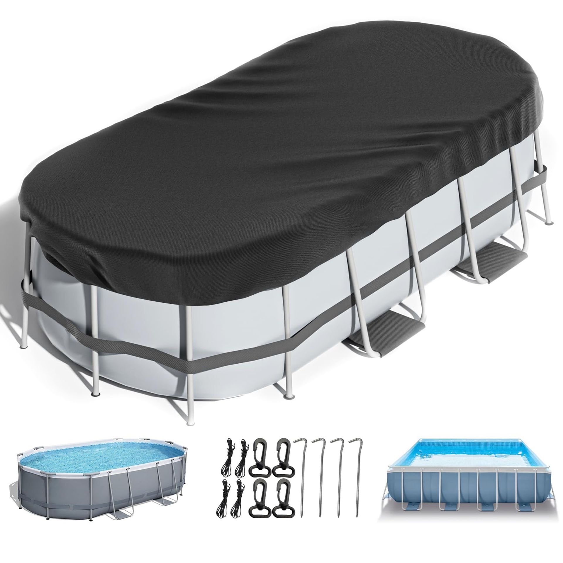 Rectangular Above Ground Pool Cover Solar Heating Waterproof UV Resistant 210D Oxford Cloth Protector - Black 7x13FT