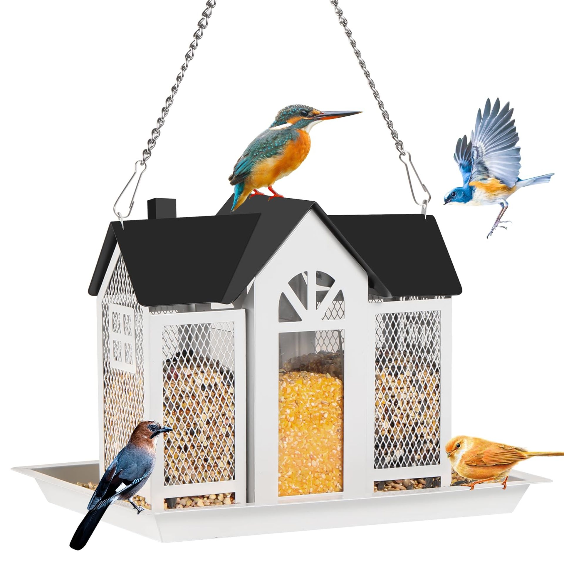 Outdoor Bird Feeder Large Capacity Squirrel Proof Metal Hanging House with Roof and Perch for Gardens, Patios and Lawns - White