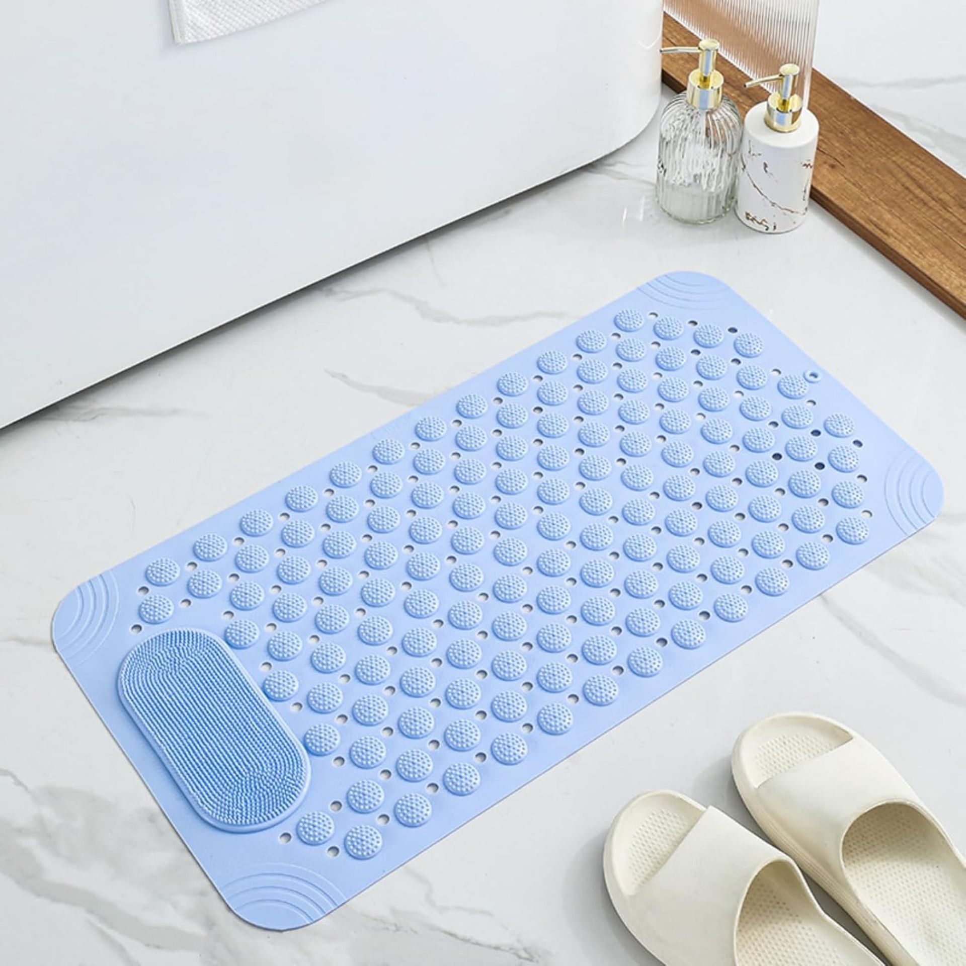 Blue Non-Slip Bath Mat 38x69cm with Suction Cups & Drain Holes - Mould Resistant
