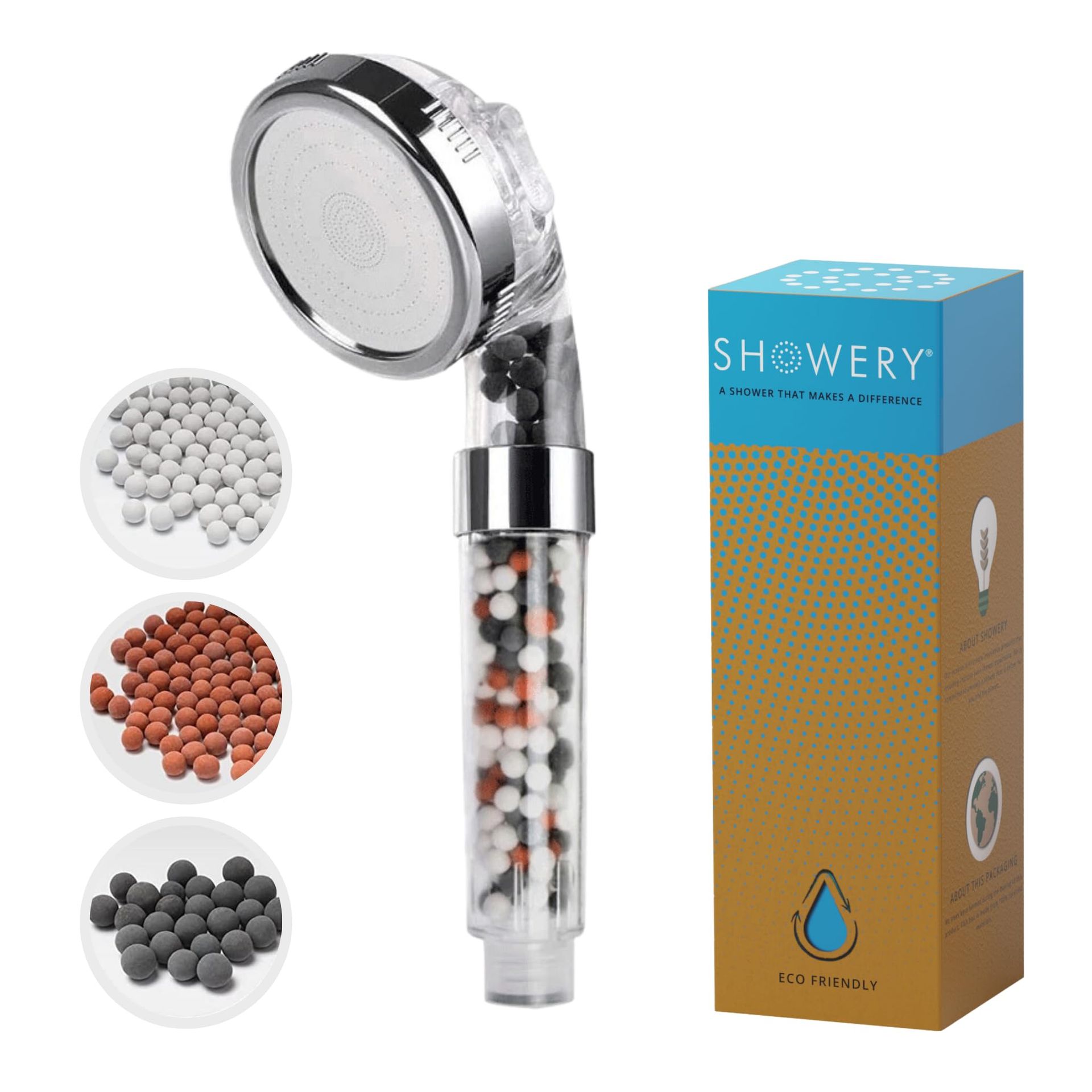 EcoFlow High Pressure Water Saving Shower Head with 3 Spray Modes and Mineral Filter Stones - Silver Original Style