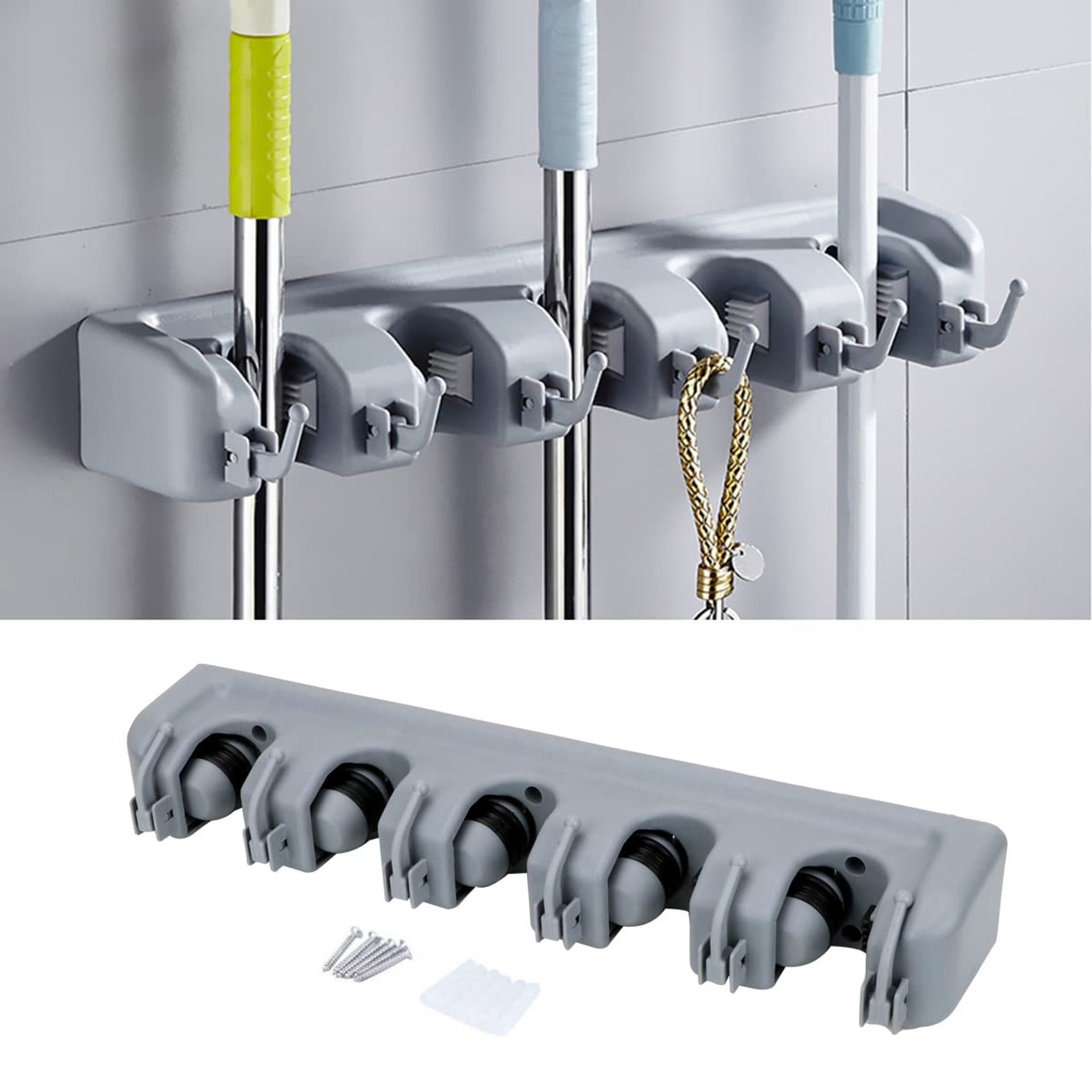 Vicloon Broom Mop Holder Tidy Organizer, Wall Mounted Organizer With 4 Position 5 Hooks For Brush Mop And Broom Tool Storage