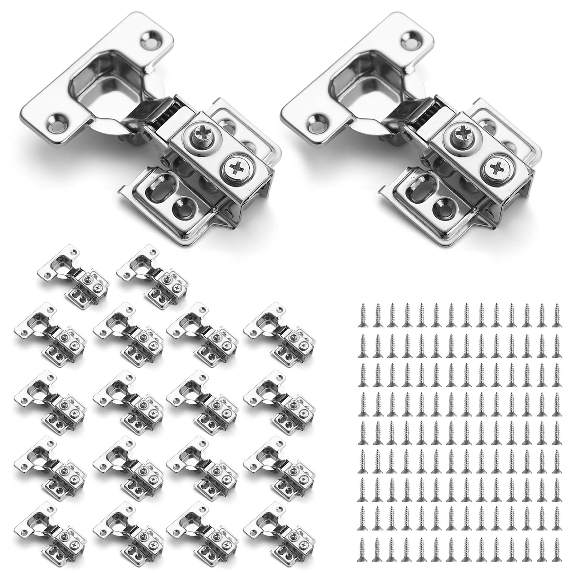 Stainless Steel Overlay Soft Close Cabinet Hinges 20 Pack with Screws, 1/2 inch Self Closing 3-Way Adjustable Design - Silver 20 Pack