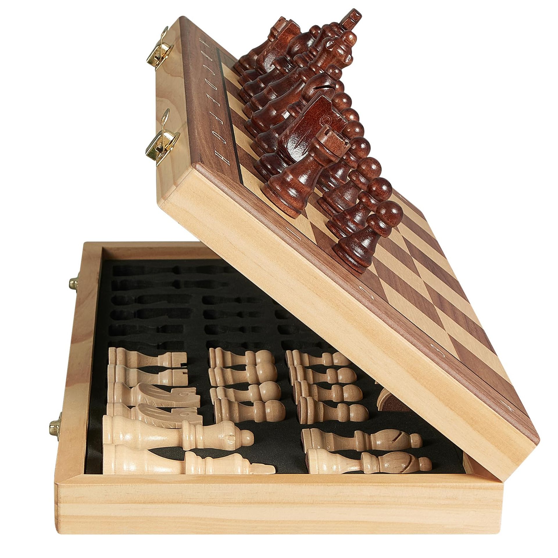 Magnetic Wooden Chess Set 15'' Foldable Board Game with Storage and Extra Queens - Brown Chess-B