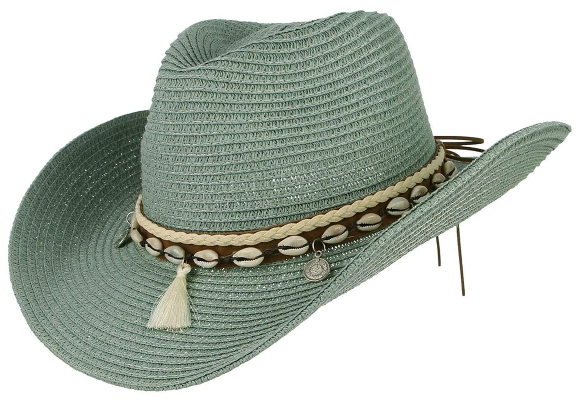 Women's Straw Cowboy Hat Summer Sun Wide Brim Beach Style with Shell Band - Green 7 1/8