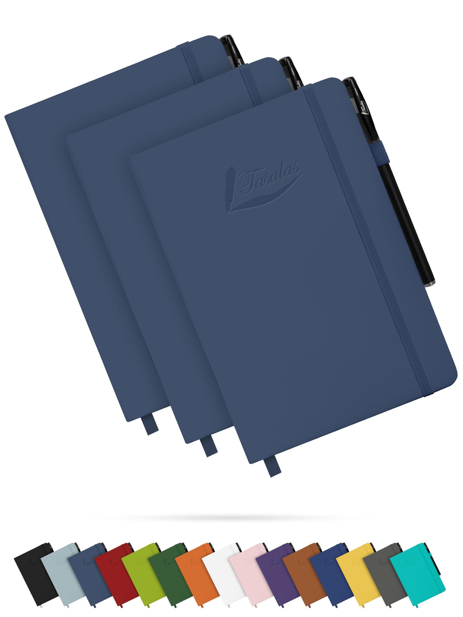 Tasalas A5 Notebooks 3 Pack with Pen - 200 Lined Pages Journal Notepads, 80 GSM, Blue Notebooks A5, Soft Cover, Elastic Loop, Pen Holder, Expandable Pocket - Note Books for Note-Taking
