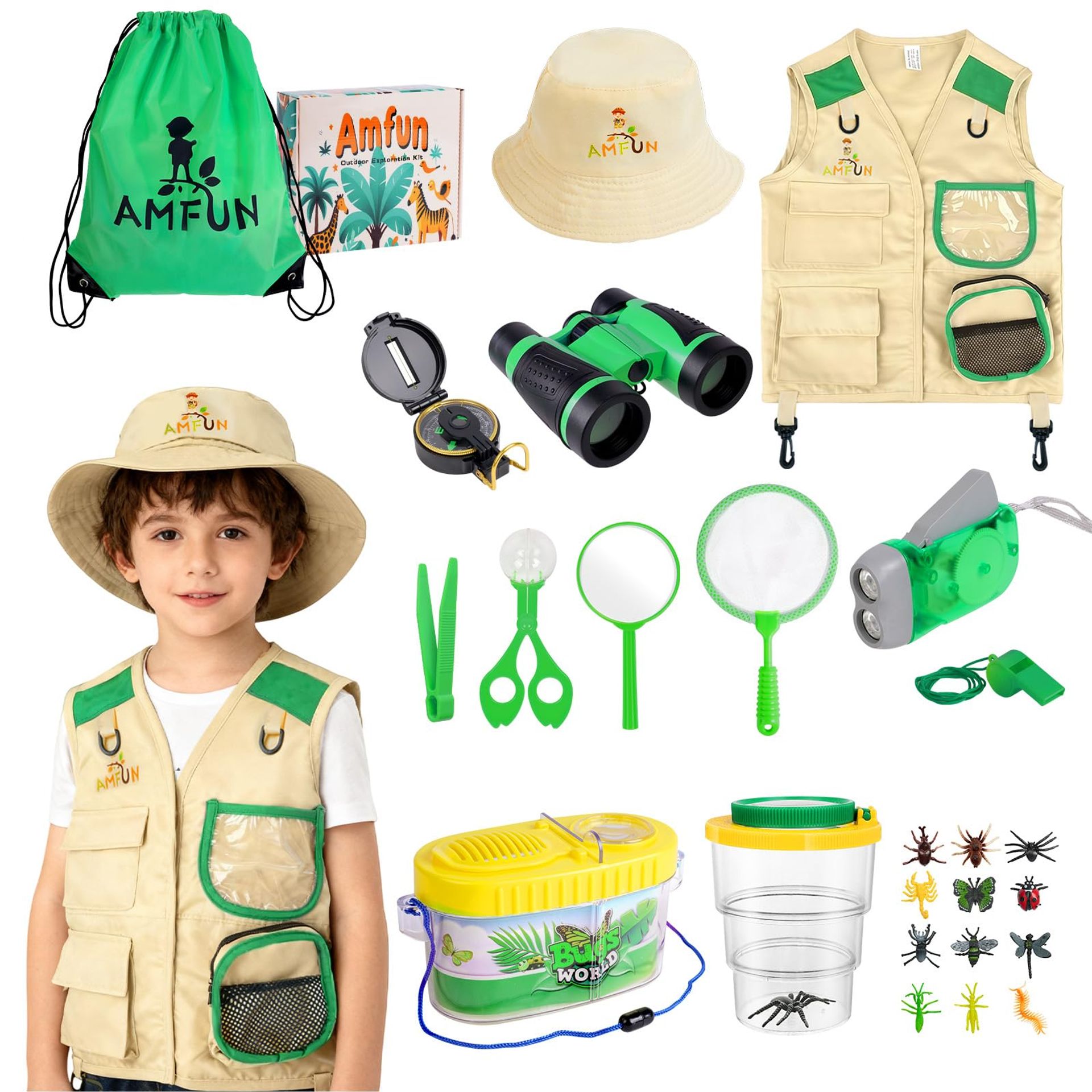 Kids Outdoor Explorer Kit 25PCS Nature Adventure Set With Binoculars, Ves