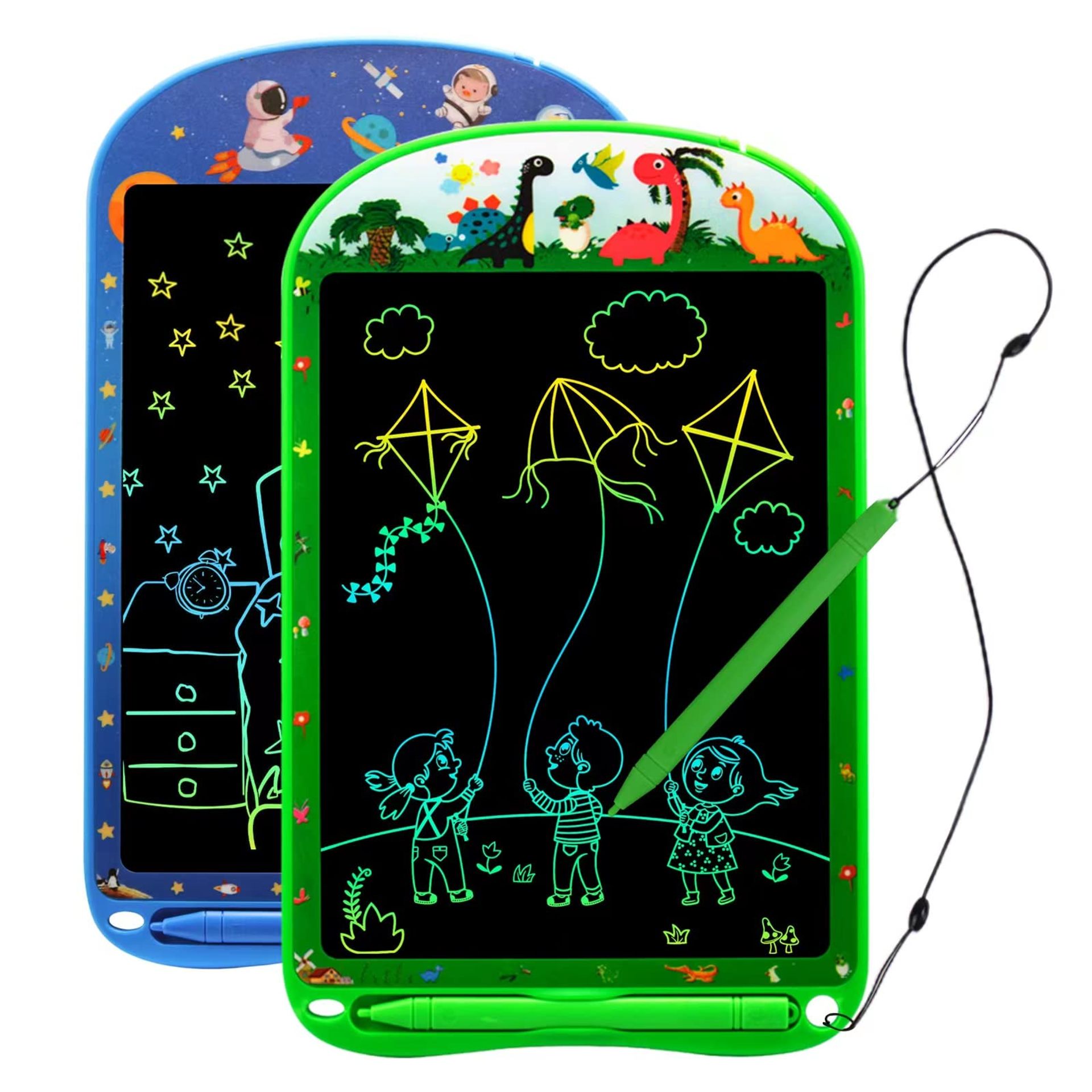 2 Pack 10-inch Colourful LCD Drawing Tablets for Kids - Dinosaur & Space Theme, Erasable & Reusable