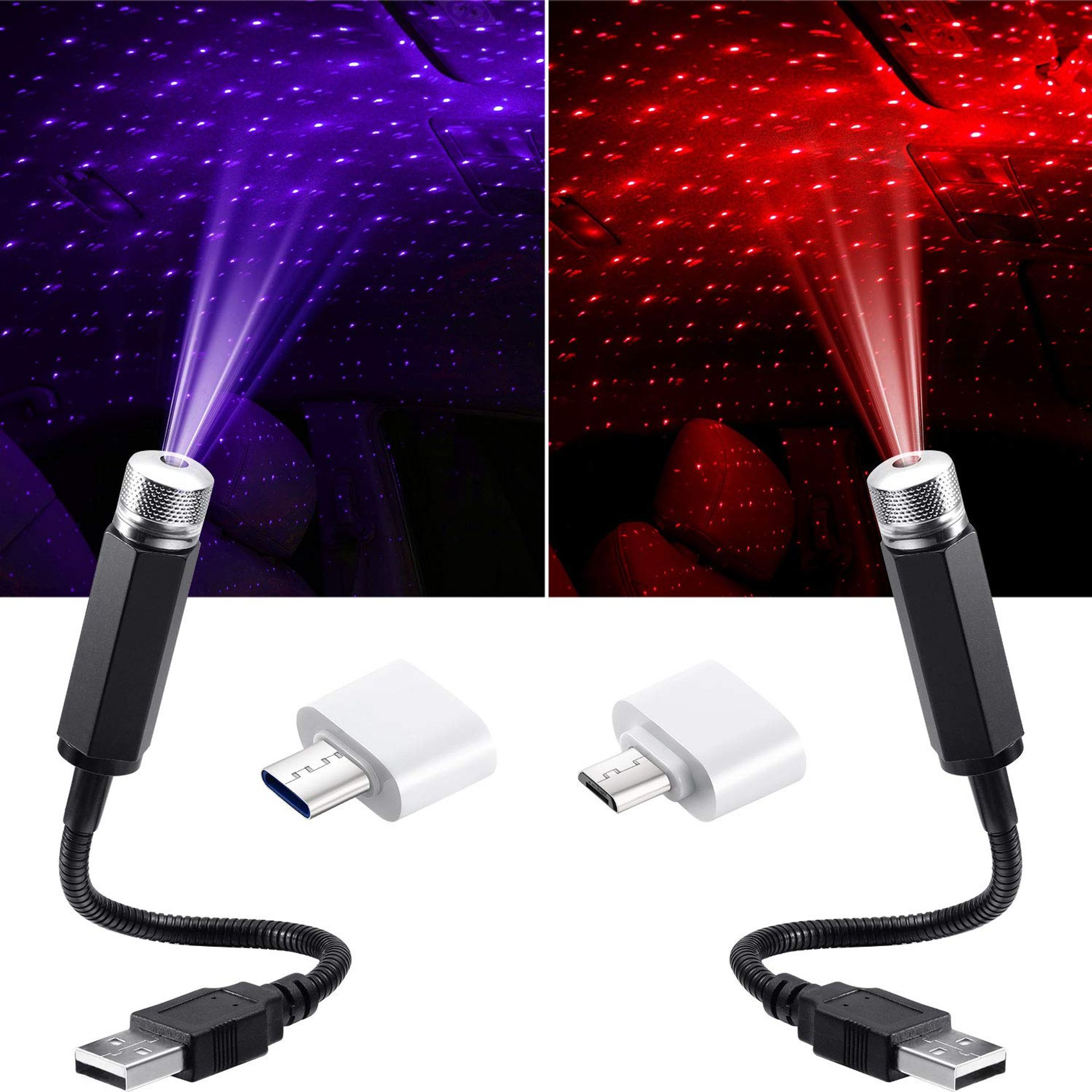 USB Star Projector Night Light - 2 Colours, Adjustable Atmosphere Lights for Car & Bedroom