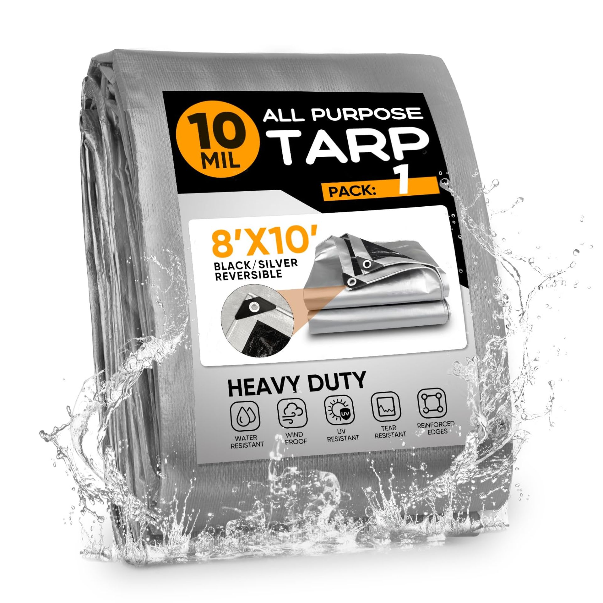 Heavy Duty Waterproof Tarpaulin with Reinforced Edges and Grommets for Outdoor Covering Roof Car Boat Pool - Black/Silver 2.4x3m