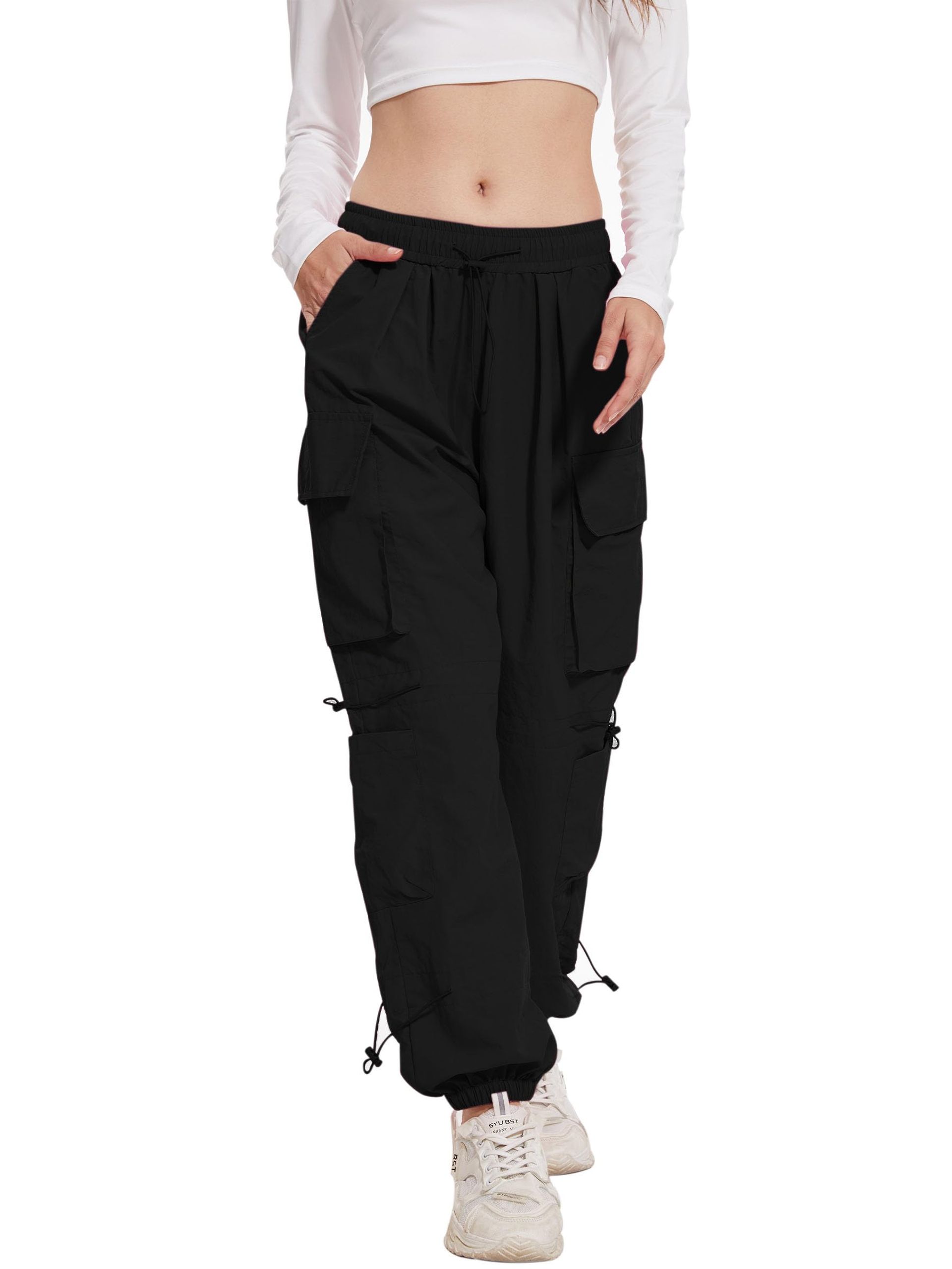 Women's Quick Dry Waterproof Cargo Hiking Trousers with 6 Pockets & Elastic Waist - Black Size S