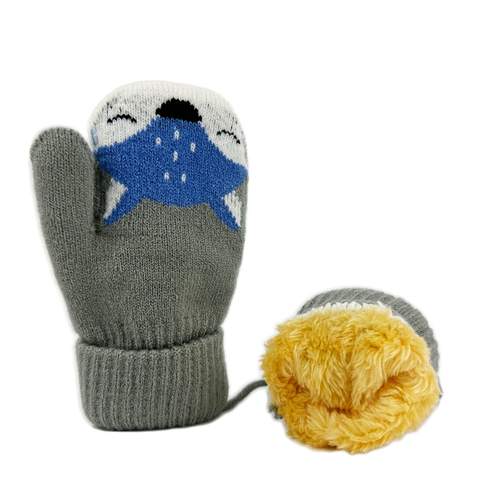 Toddler Kids Knitted Cartoon Mittens with String - Warm Winter Gloves for Ages 1-4