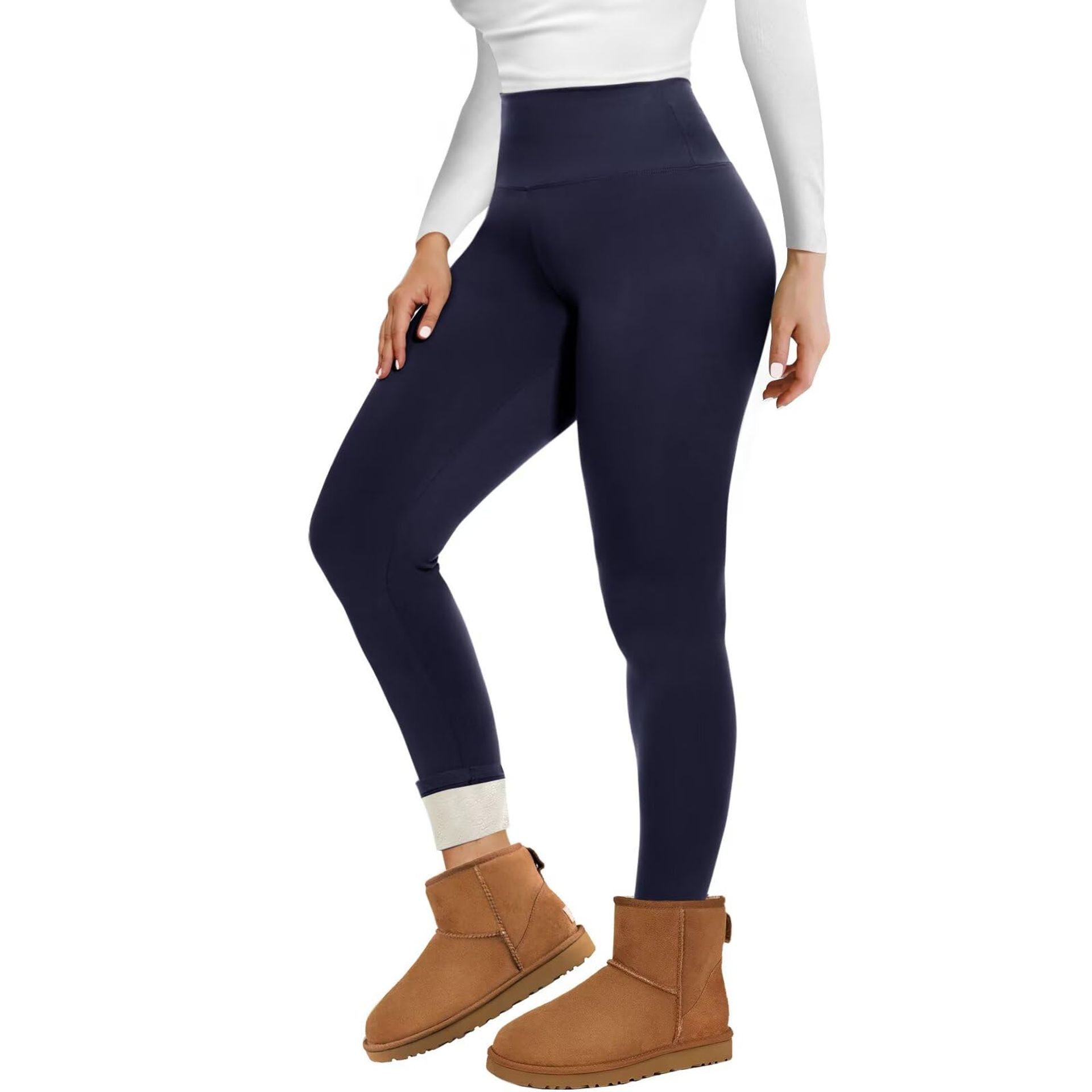 Women's Fleece Lined Leggings High Waisted Thermal Winter Pants - Navy L