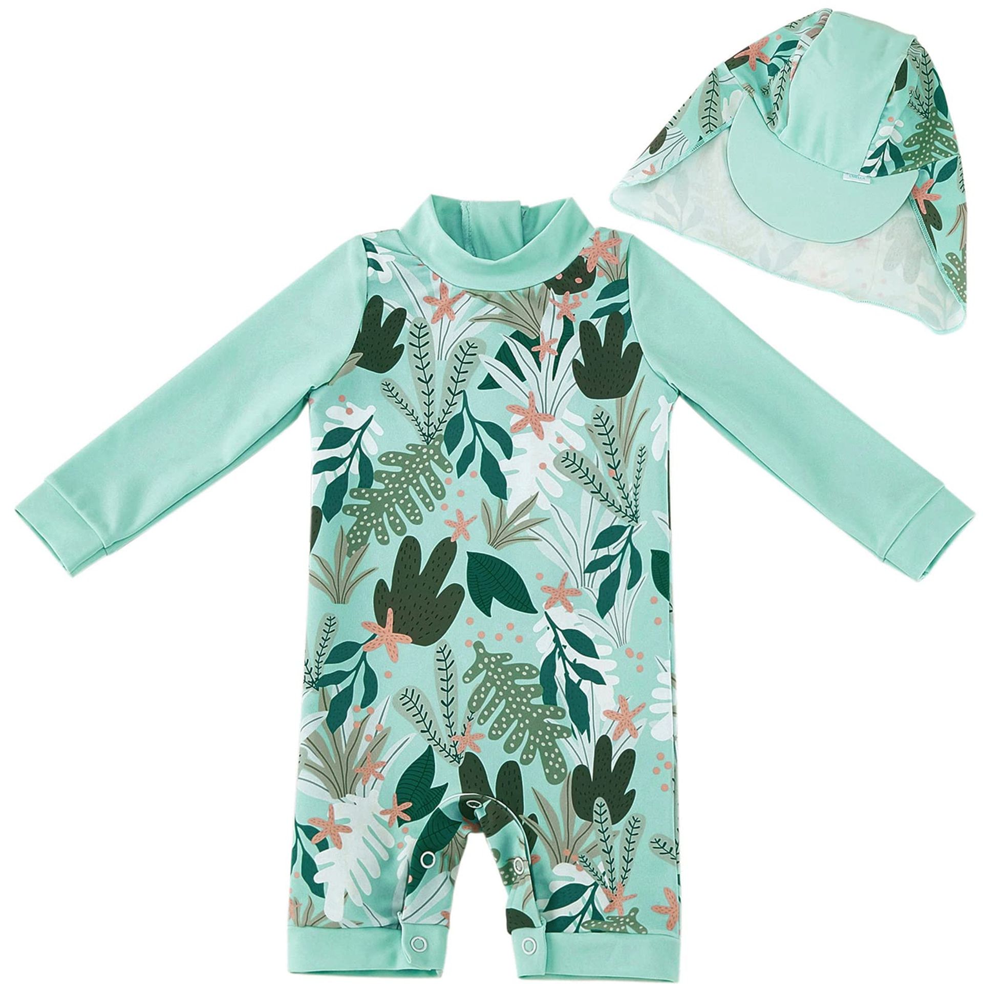 Baby Girls All-in-One Swimsuit UPF 50+ Sun Protection with Sleeves Easy Zip & Nappy Access - Green Tropical 12-18 Months