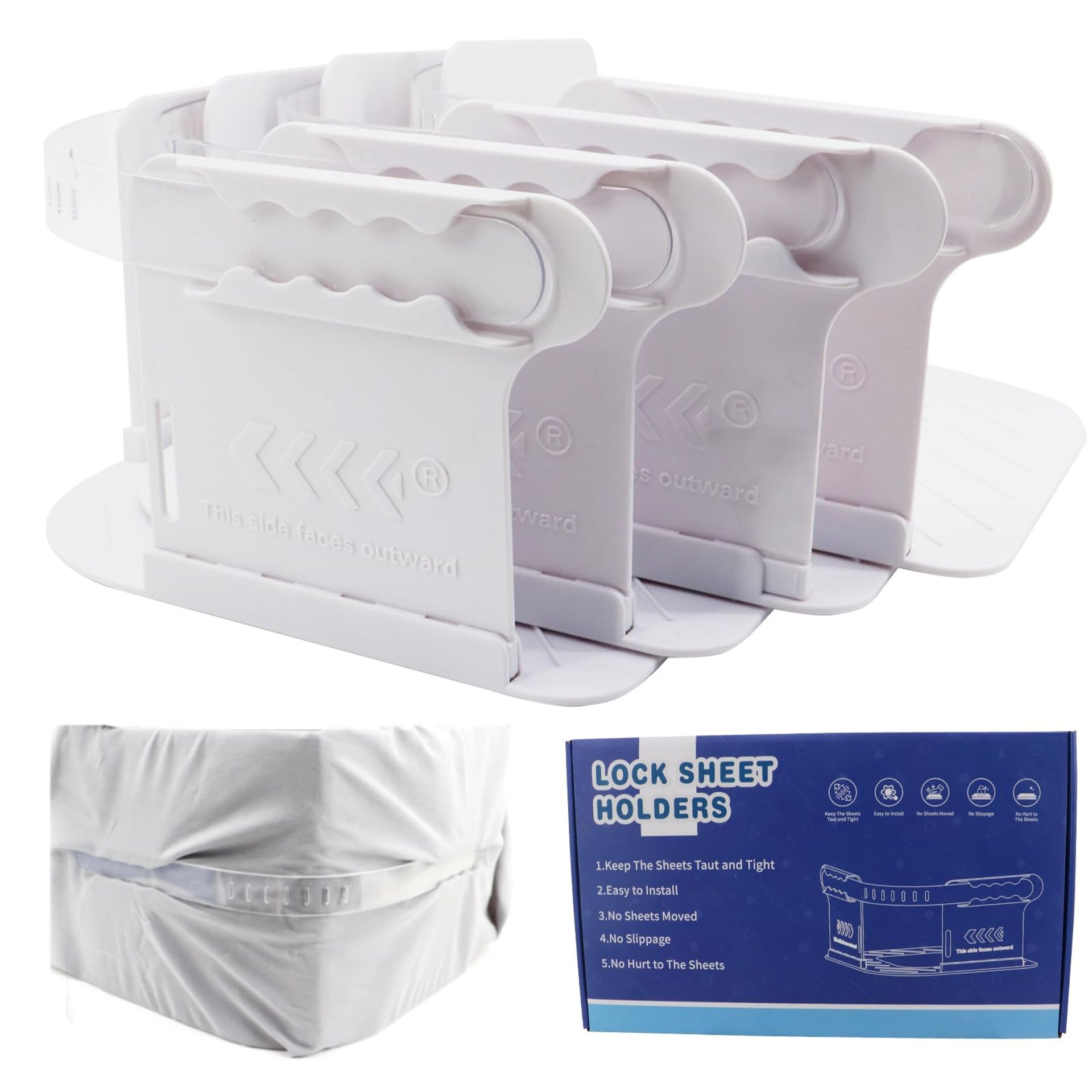 Bed Sheet Holders with Locking Straps – Heavy Duty Clips for Fitted Sheets, Keep Corners Tight & Secure, Large Size – White