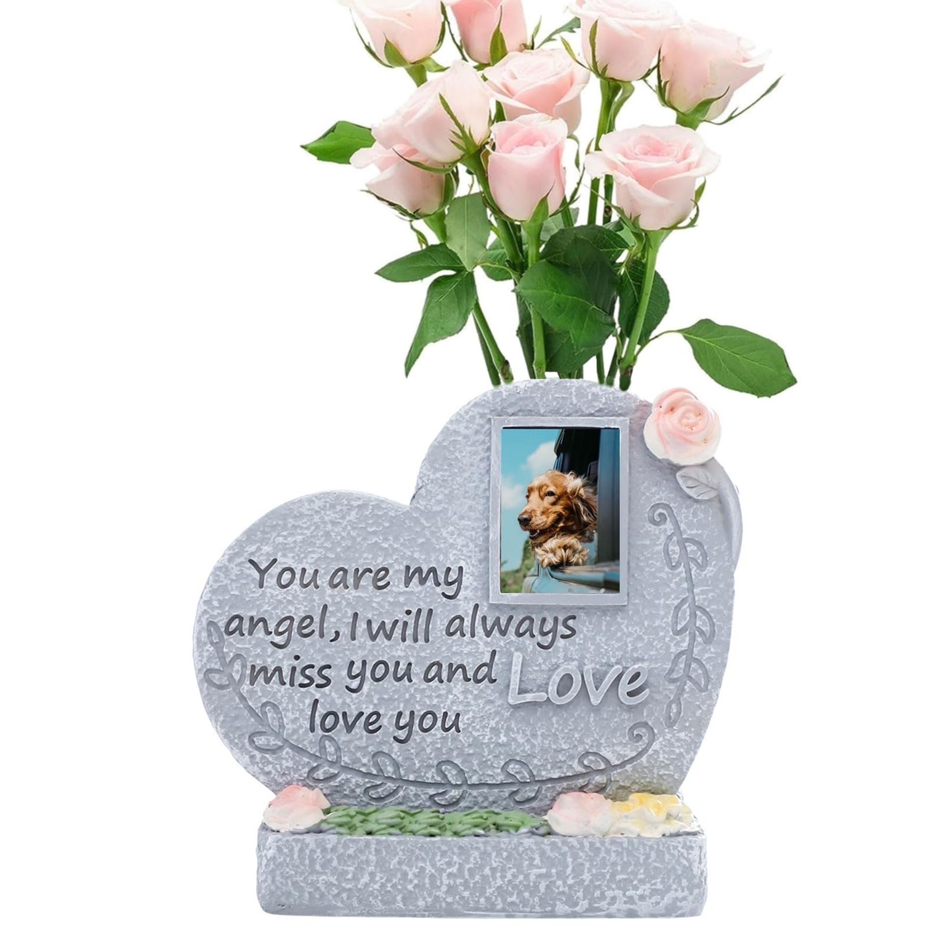 Pet Grave Marker Memorial Stone with Photo Frame & Flower Holder Heart Design - Grey Small
