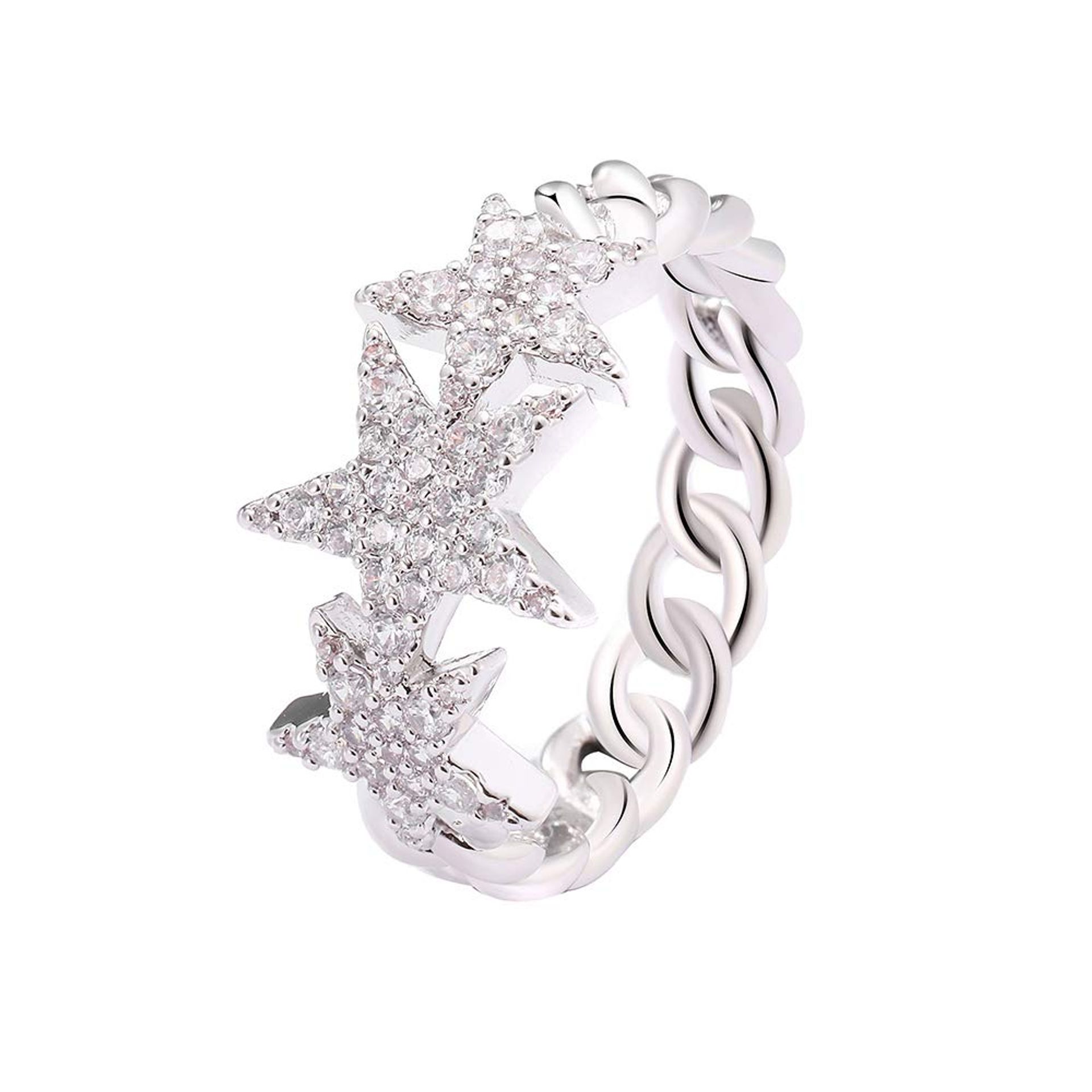 Women's Cuban Chain Star Ring with Cubic Zirconia Crystal Detail - Silver Plated Size 8