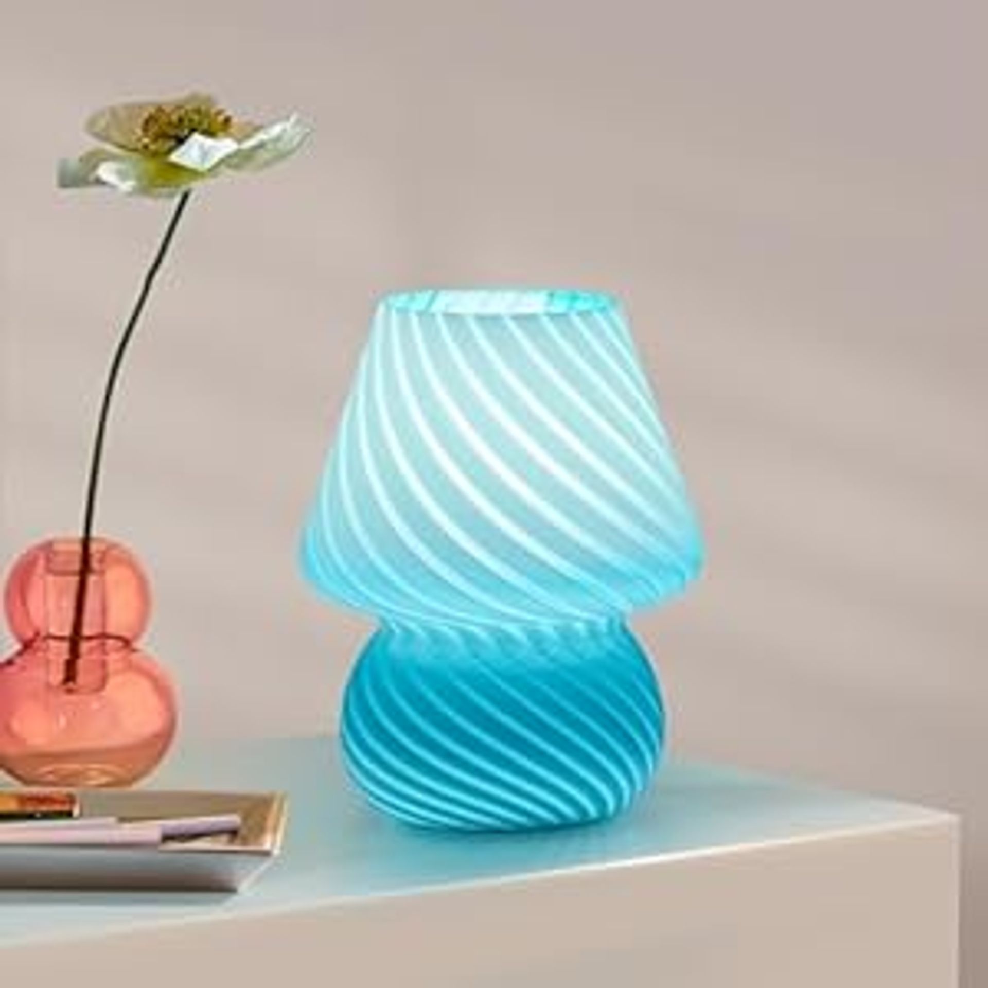 Striped Glass Mushroom Table Lamp Decorative Night Light with Bulb for Bedroom, Living Room or Office - Blue Small