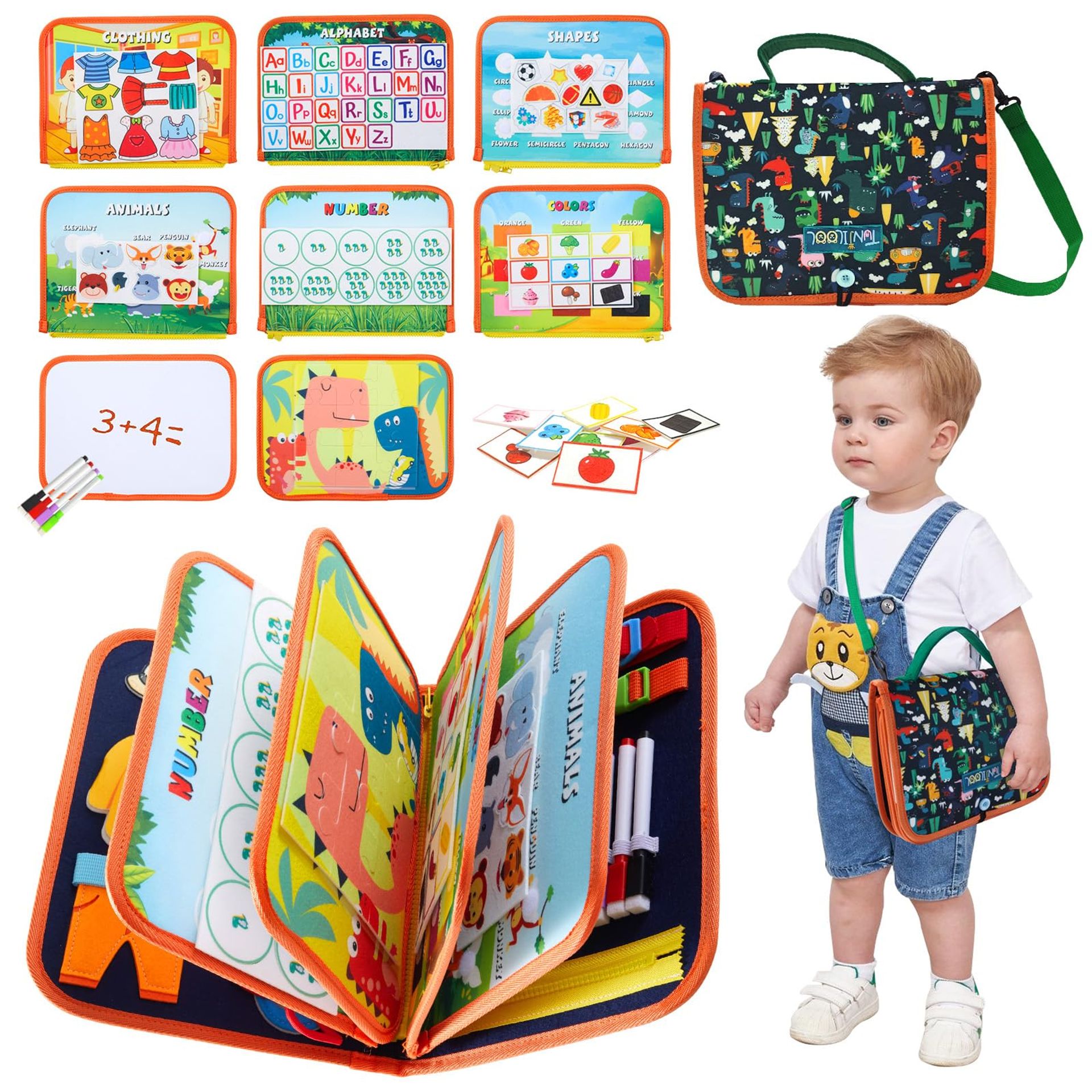 Montessori Busy Board 8-in-1 Sensory Activity Book with Detachable Pages, Travel-Friendly Learning Toy for Preschool Fine Motor Skills - Blue Medium