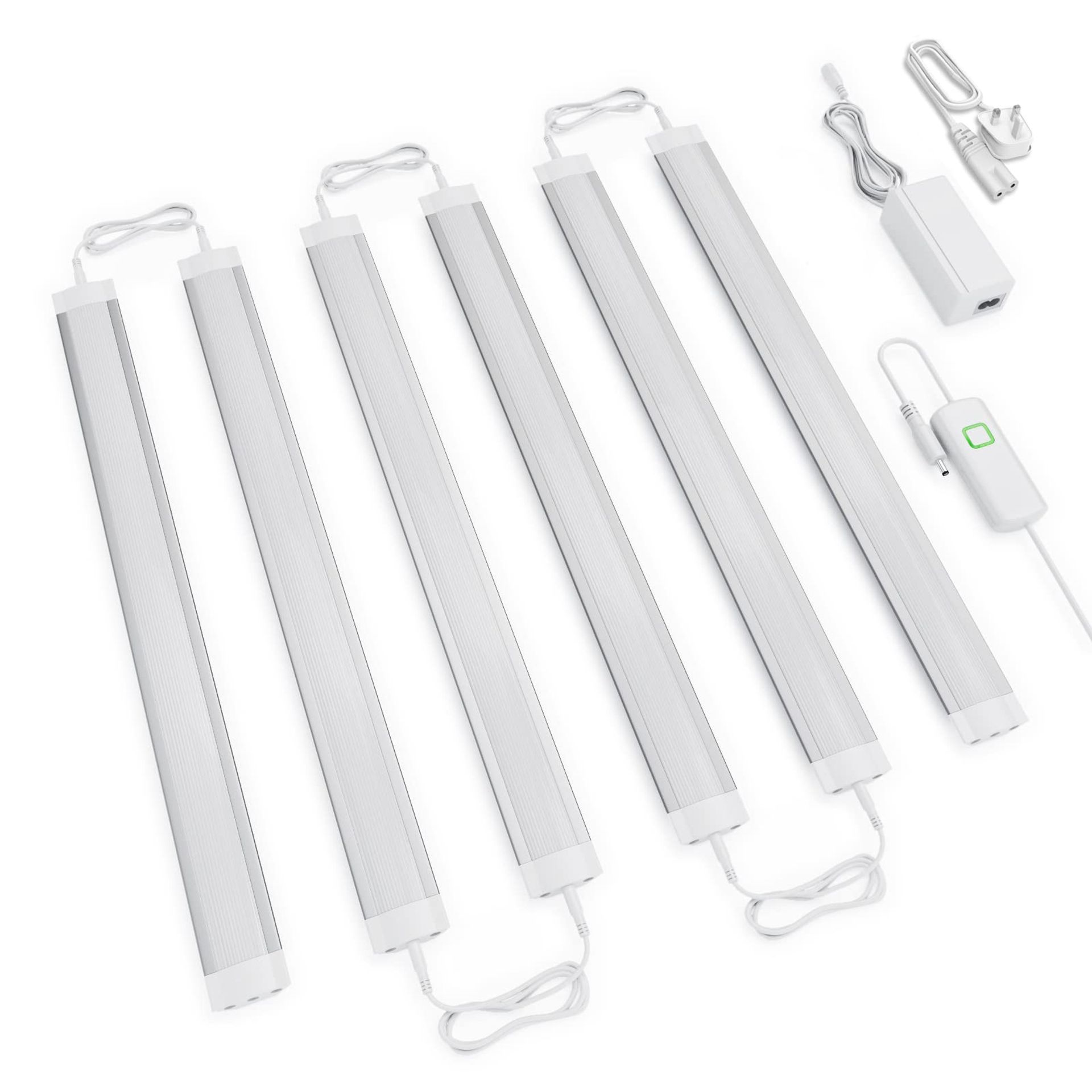 Under Cabinet LED Lighting Kit Dimmable 21W 1230lm Aluminium Bars for Kitchen, Cupboard & Desk - White 6 Packs (Dimmer Control)