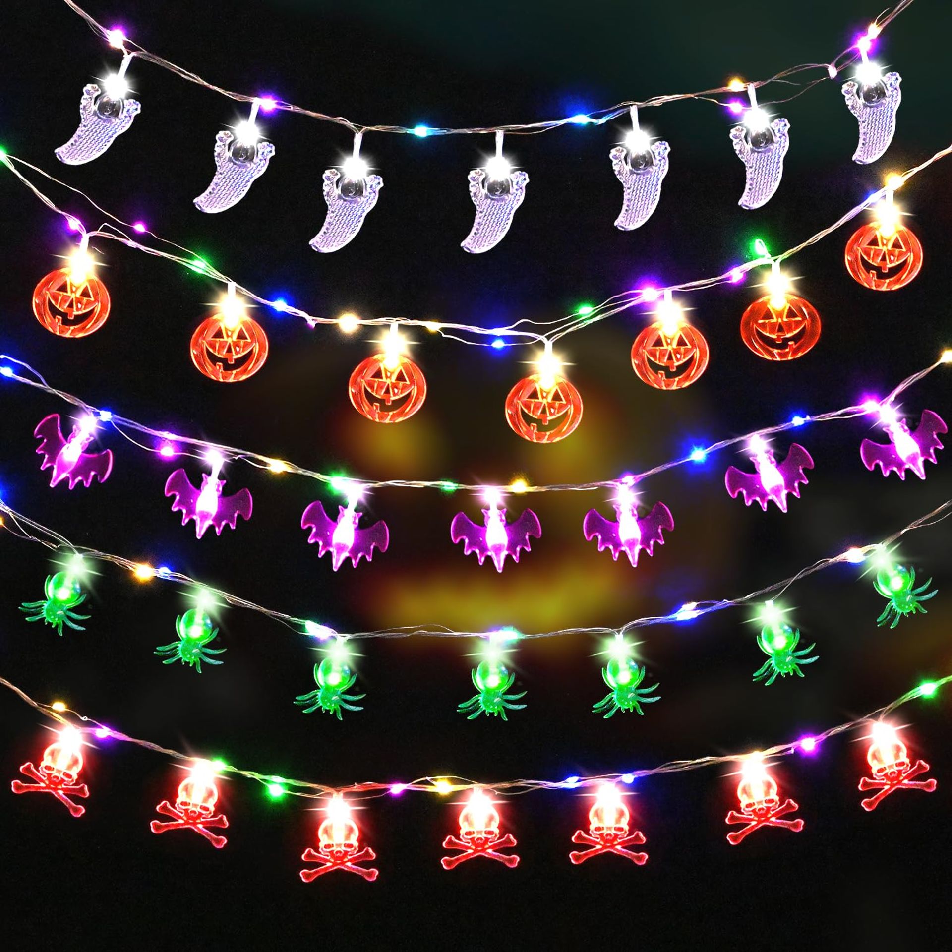 Maxee 5PCS Halloween Decorations Lights w/Extra 5PCS 2M Colorful String Lights, Halloween Party Decoration Indoor Outdoor (1.5M 10LEDs Pumpkin, White Ghost, Bat, Spider, Skeleton)
