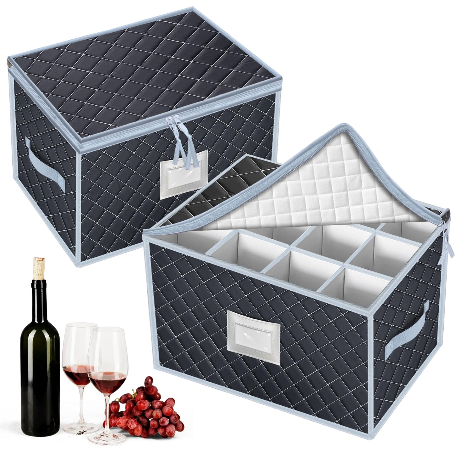 Wine Glass Storage Box with 12 Dividers Stemware Protector Case Portable for Kitchen, Travel and Camping - Grey 2 PC