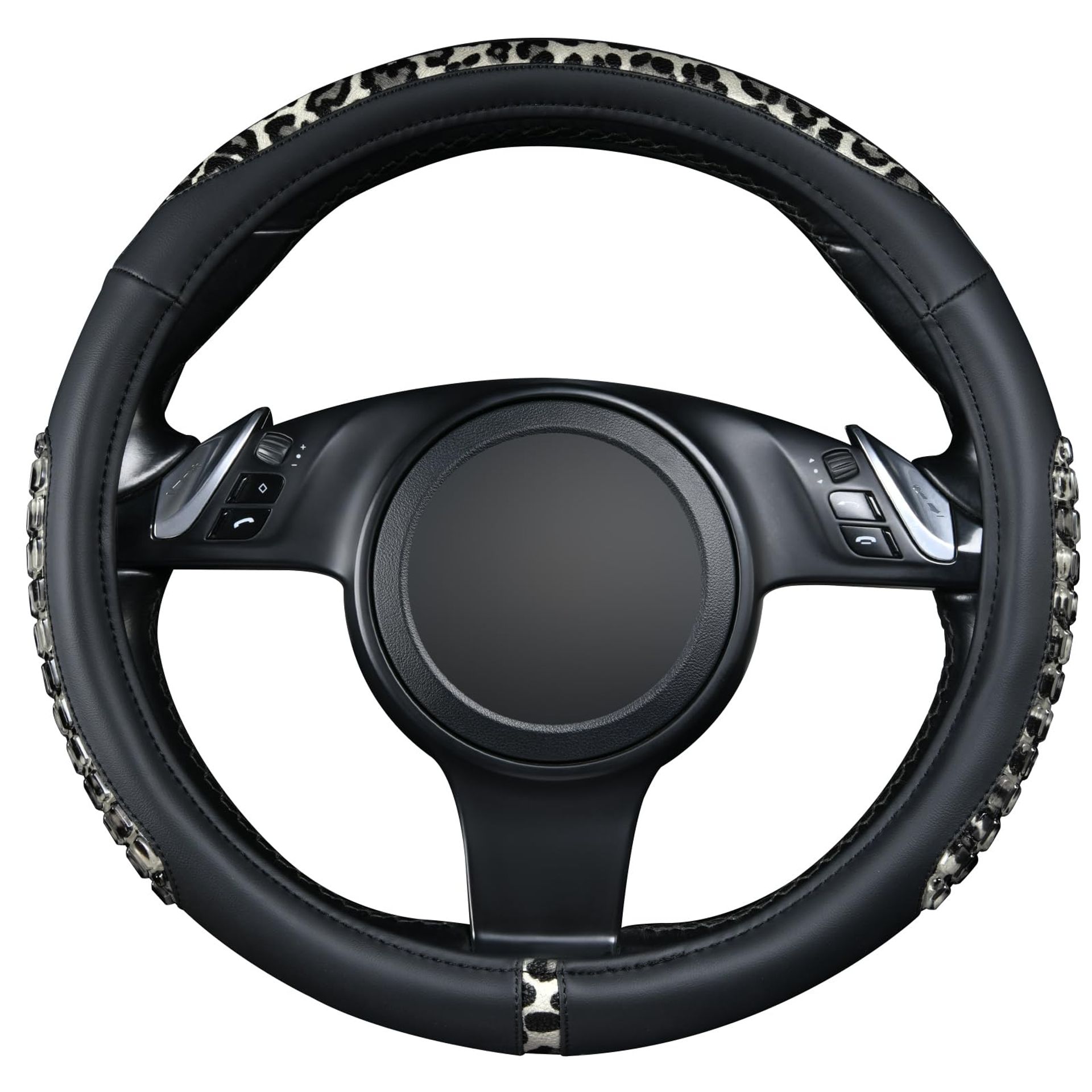 Universal 15" Car Steering Wheel Cover - Anti-Slip Gel Massage, Odourless Leather, Black Grey Leopard Design for SUVs, Vans & Trucks