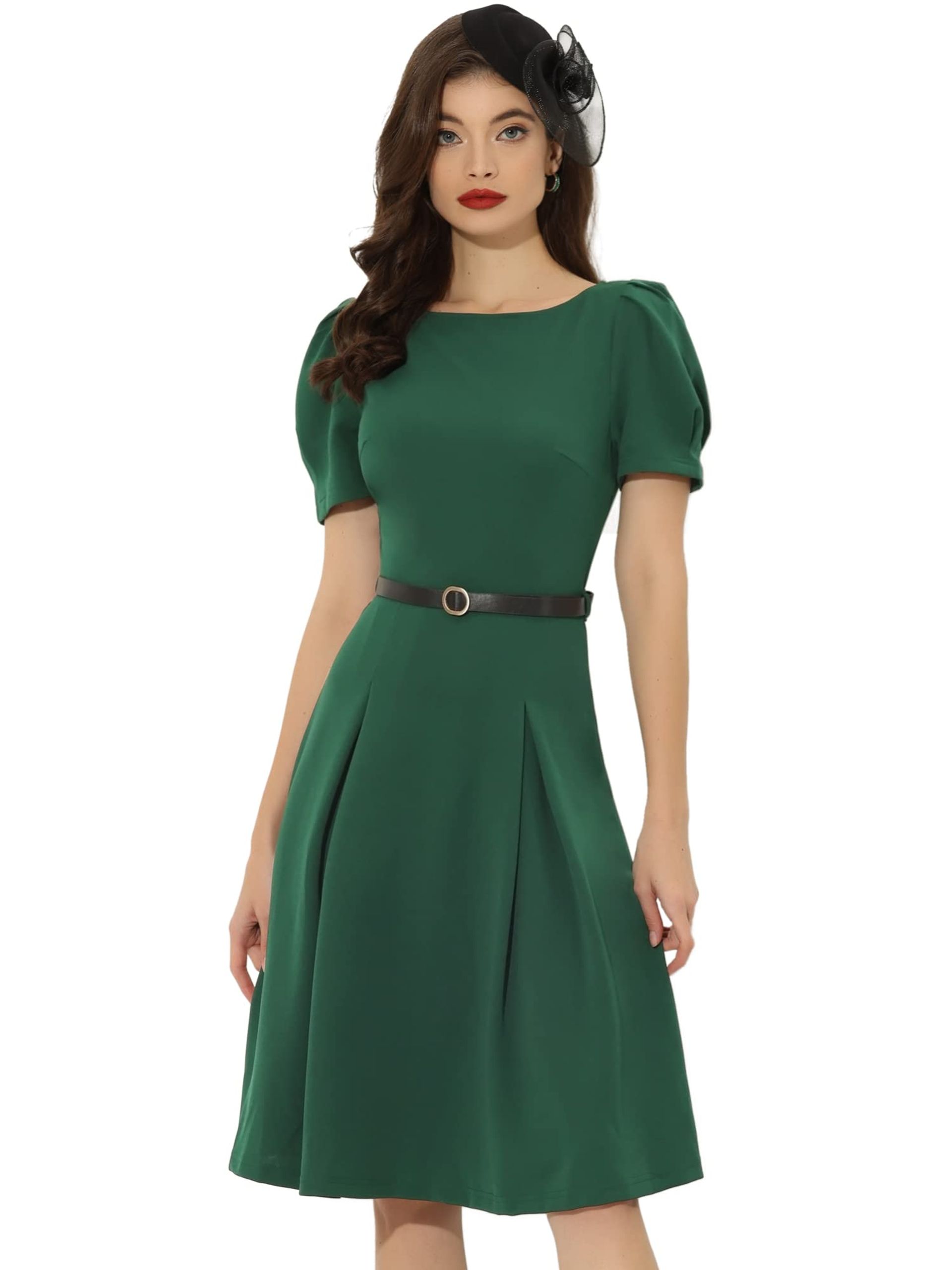 Women'S Elegant Dark Green Work Dress With Belt - Perfect For Office And
