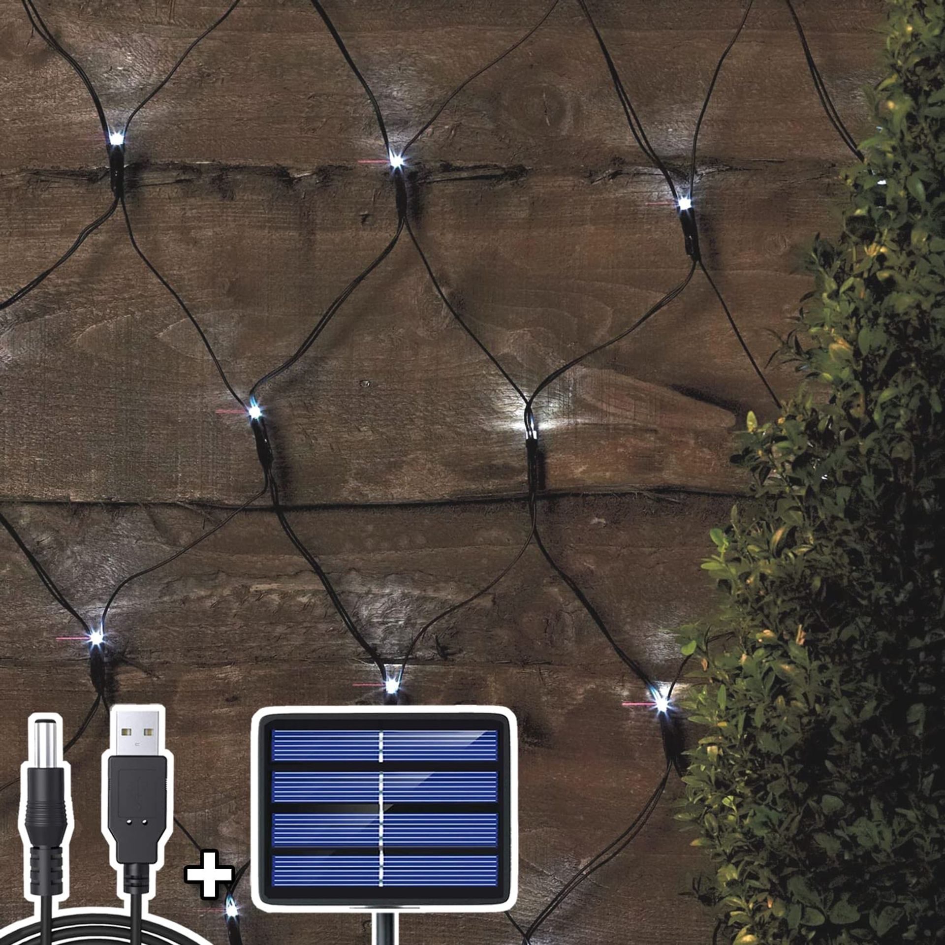 204 LED Cold White Net Lights Outdoor 3M x 2M Mesh Solar/USB Powered Weatherproof Garden Lighting
