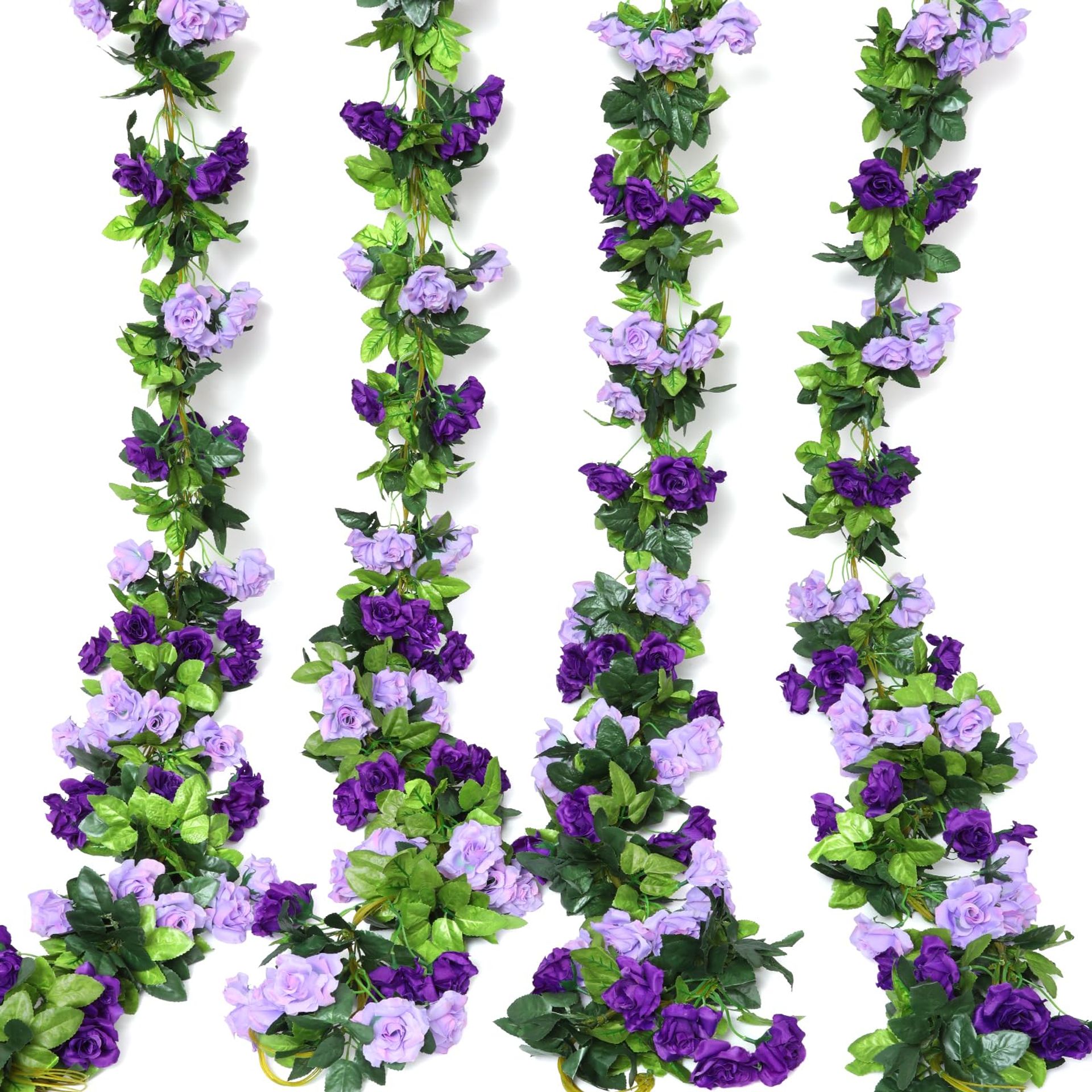 Artificial Rose Garland Vines 4pcs 31.5FT Double Colour Hanging Silk Flowers for Home Wedding Wall Décor - Purple 7.8ft Each