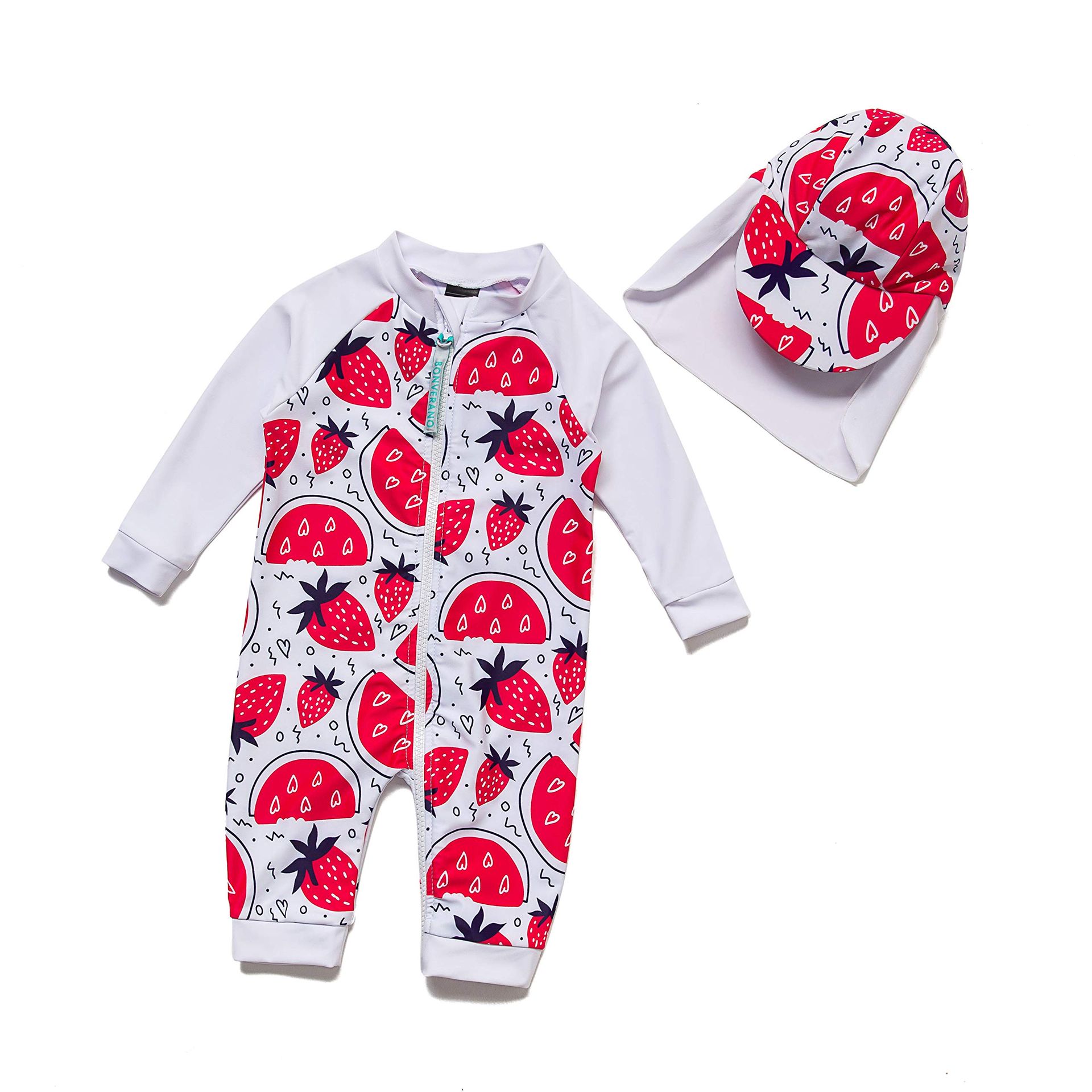 Baby Girl UPF 50+ Sunsuit One-Piece Swimsuit with Full-Length Zip and Sun Cap - Strawberry 18-24M