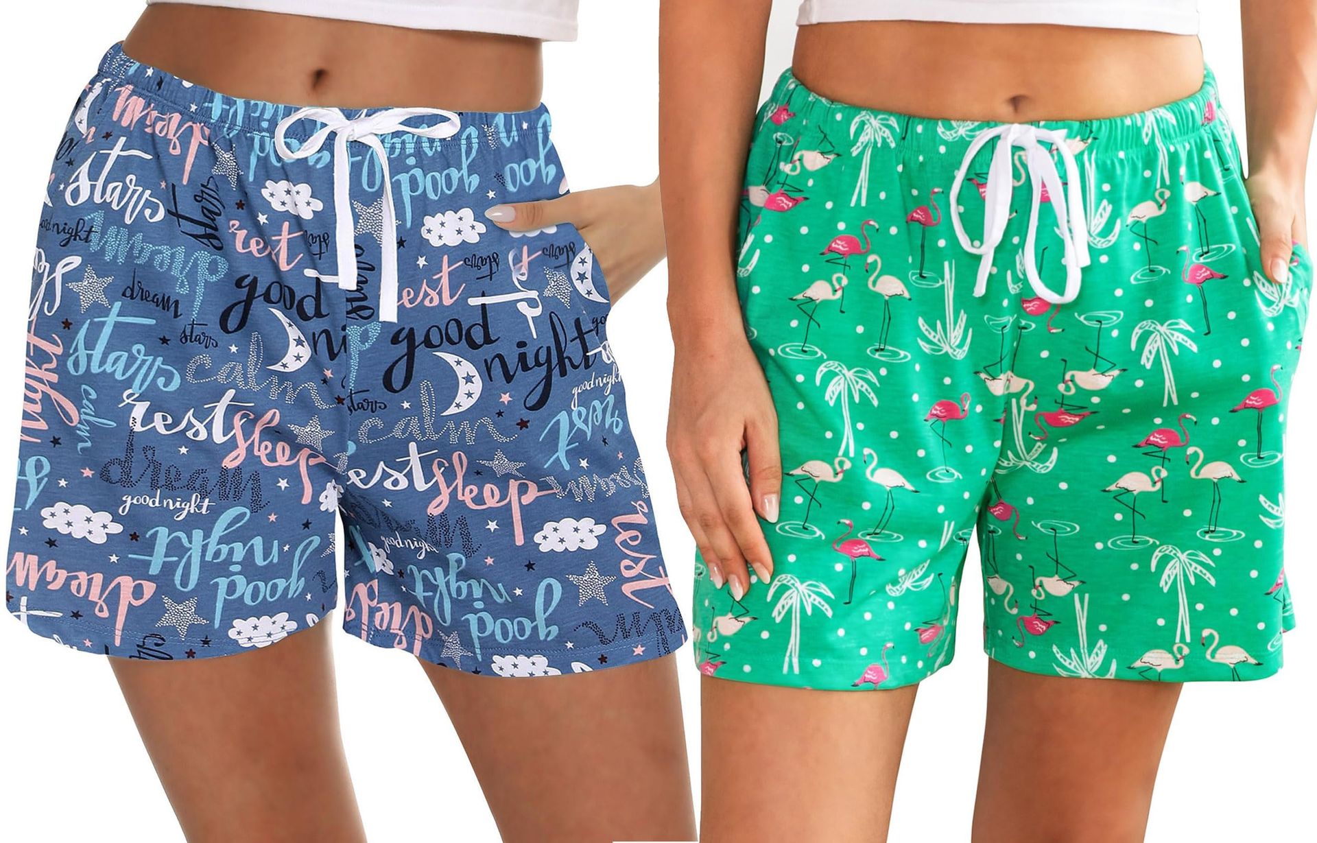 Women's Pyjama Shorts Soft Cotton Blend Elastic Waist with Pockets Drawstring Sleep Lounge Bottoms - Green Flamingo+Blue Alphabet XXL