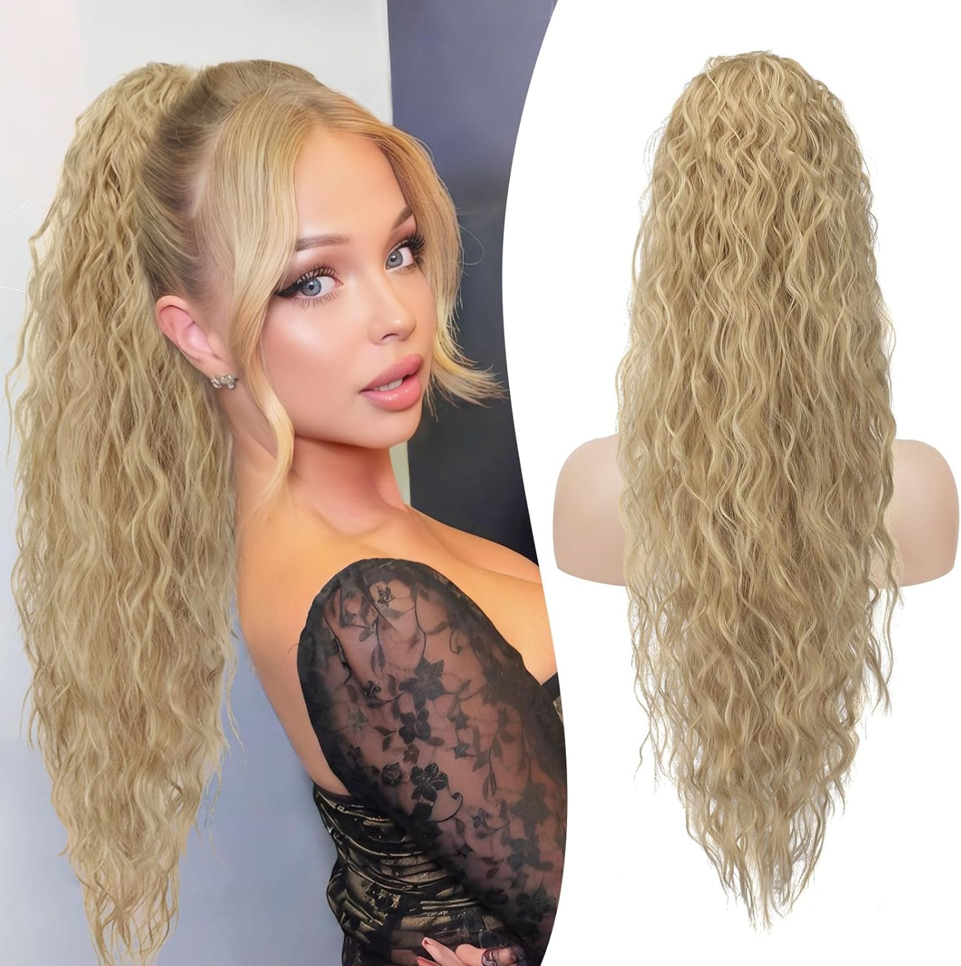 Drawstring Ponytail Extension 26-Inch Long Beach Wave Synthetic Curly Hairpiece for Women - Ash Blonde 26 Inch