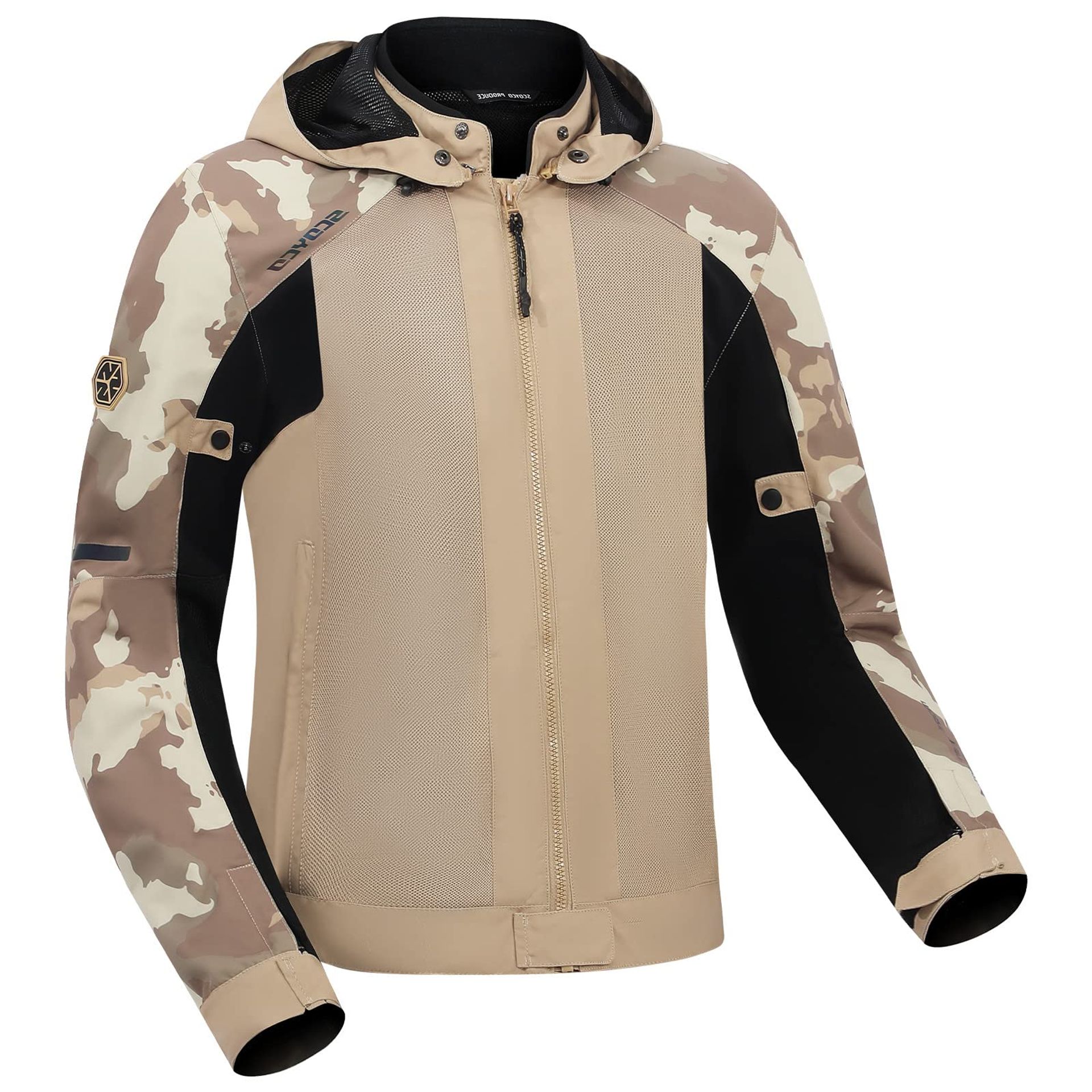 Motorcycle Jacket Cordura Textile Hoodie with Camo Sleeves Protective Gear - Sand M