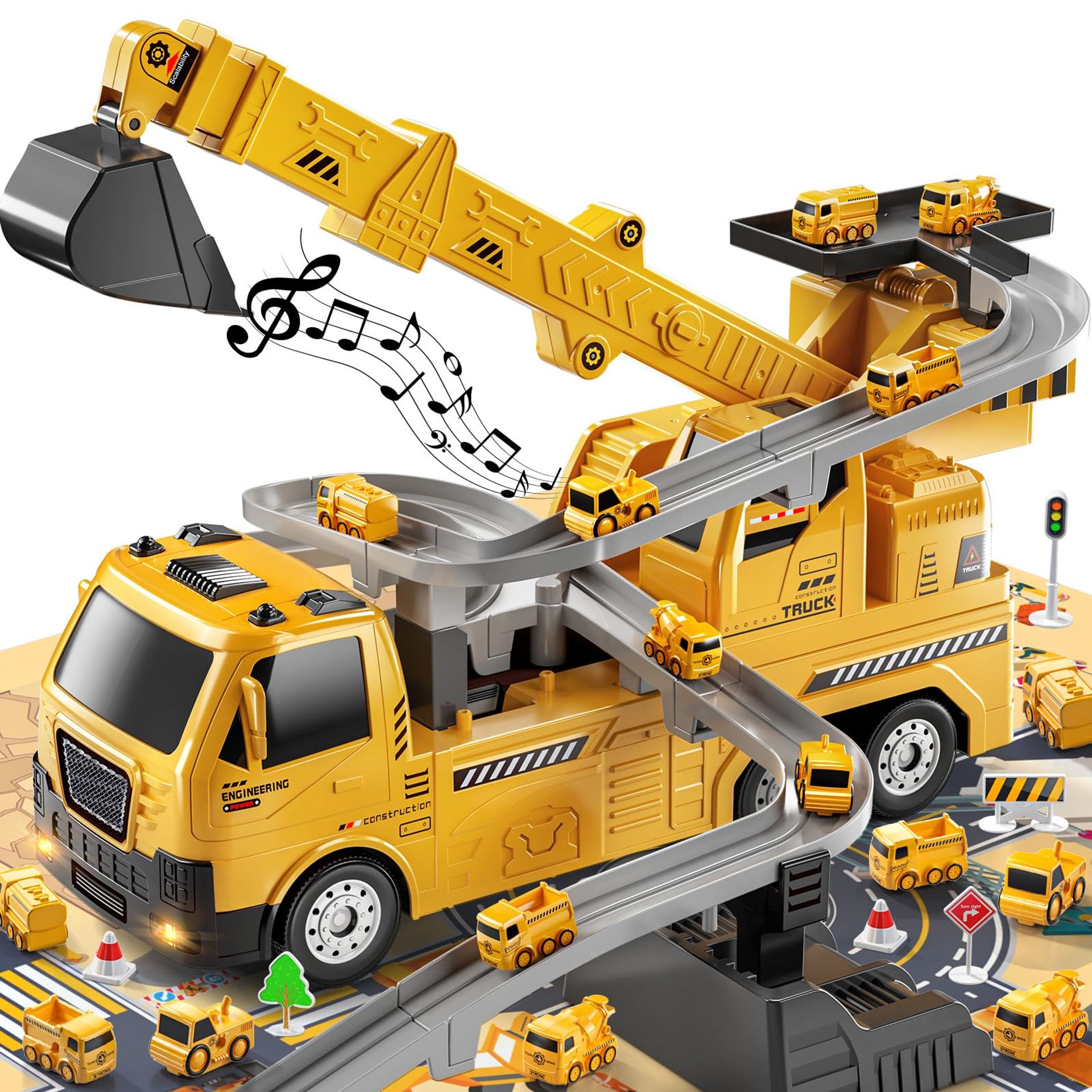 Engineering Crane & Construction Truck Playset with Race Tracks for Kids Aged 3-7 – Educational Building & Outdoor Toy Set