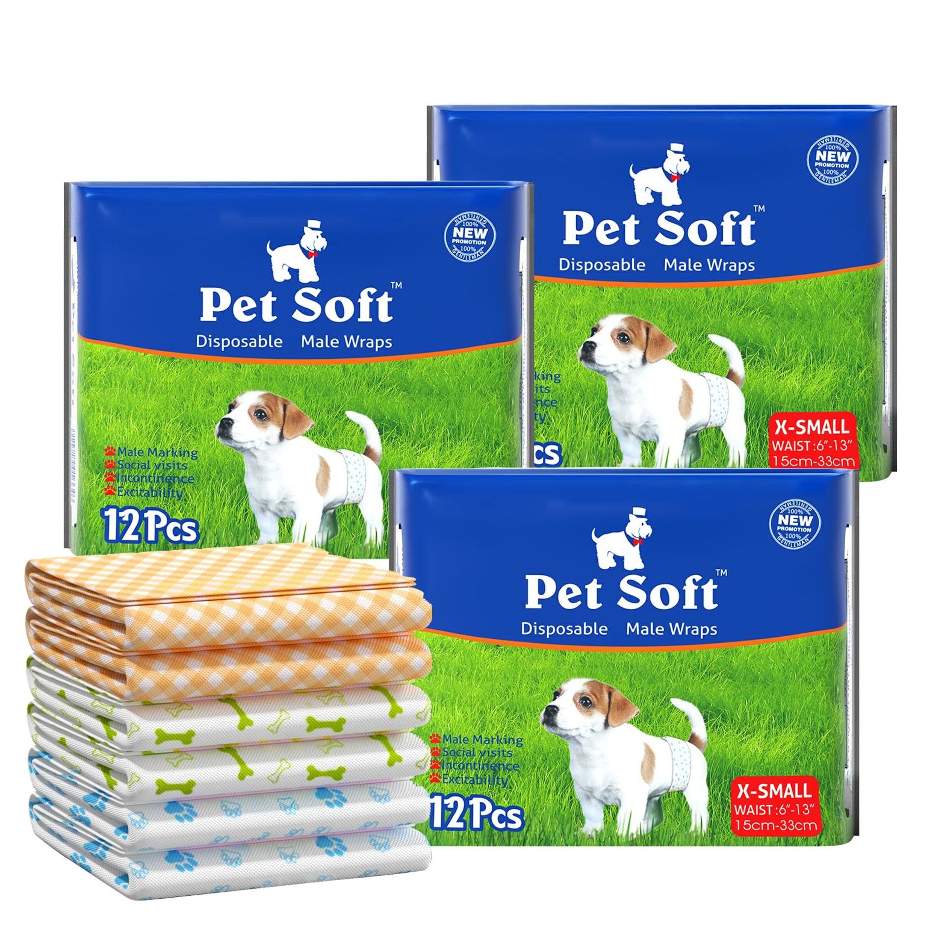 Disposable Male Dog Nappies Super Absorbent Leak-Proof Wraps for Pets - White S 36count (12'-19')