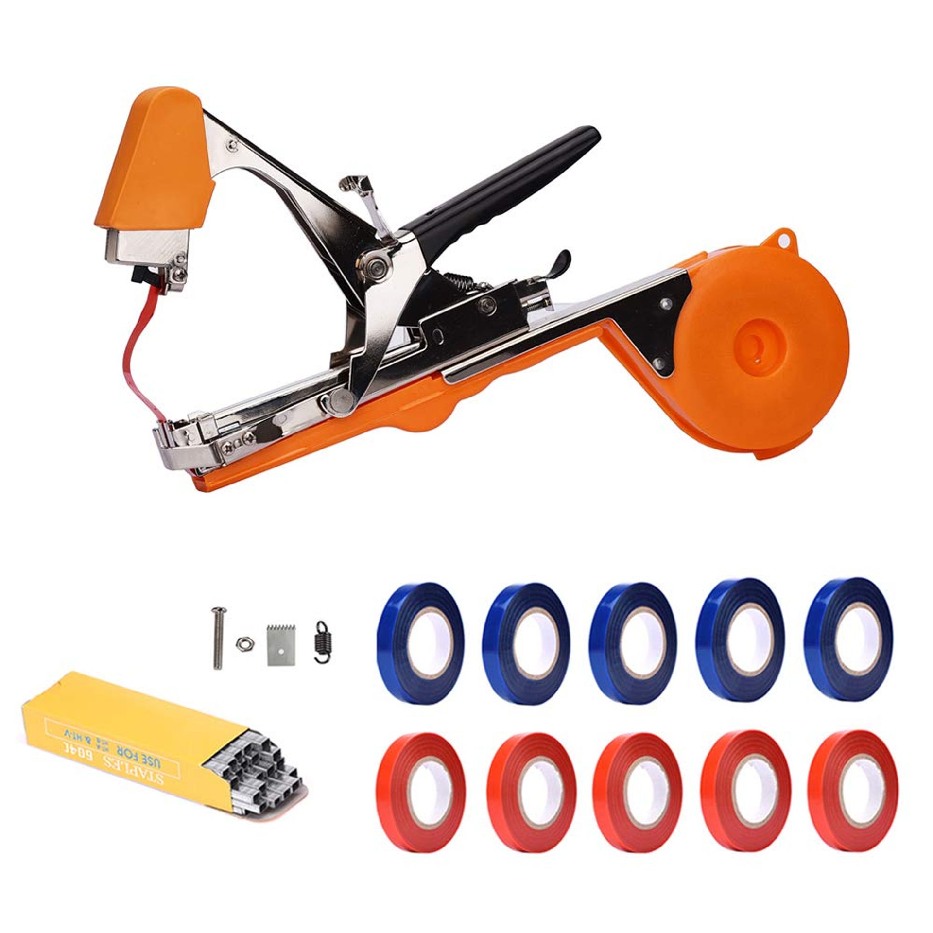 Plant Tying Machine Tapetool for Tomatoes, Cucumbers & Vines with 10 Tape Rolls & Staples - Orange