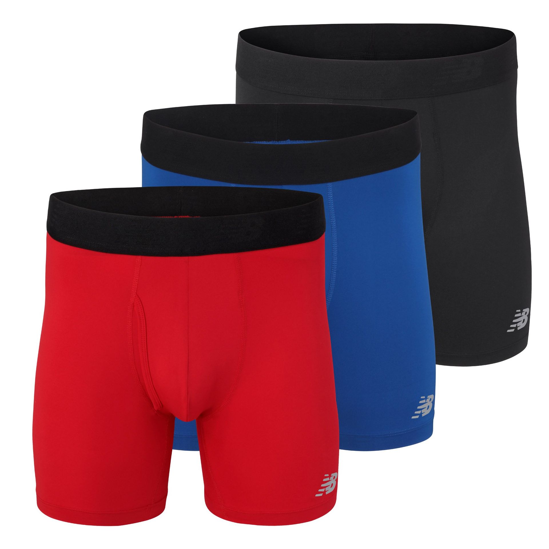 New Balance Men's 6" Boxer Brief Trunks 3-Pack, Fly Front, Medium, Black/Red/Blue