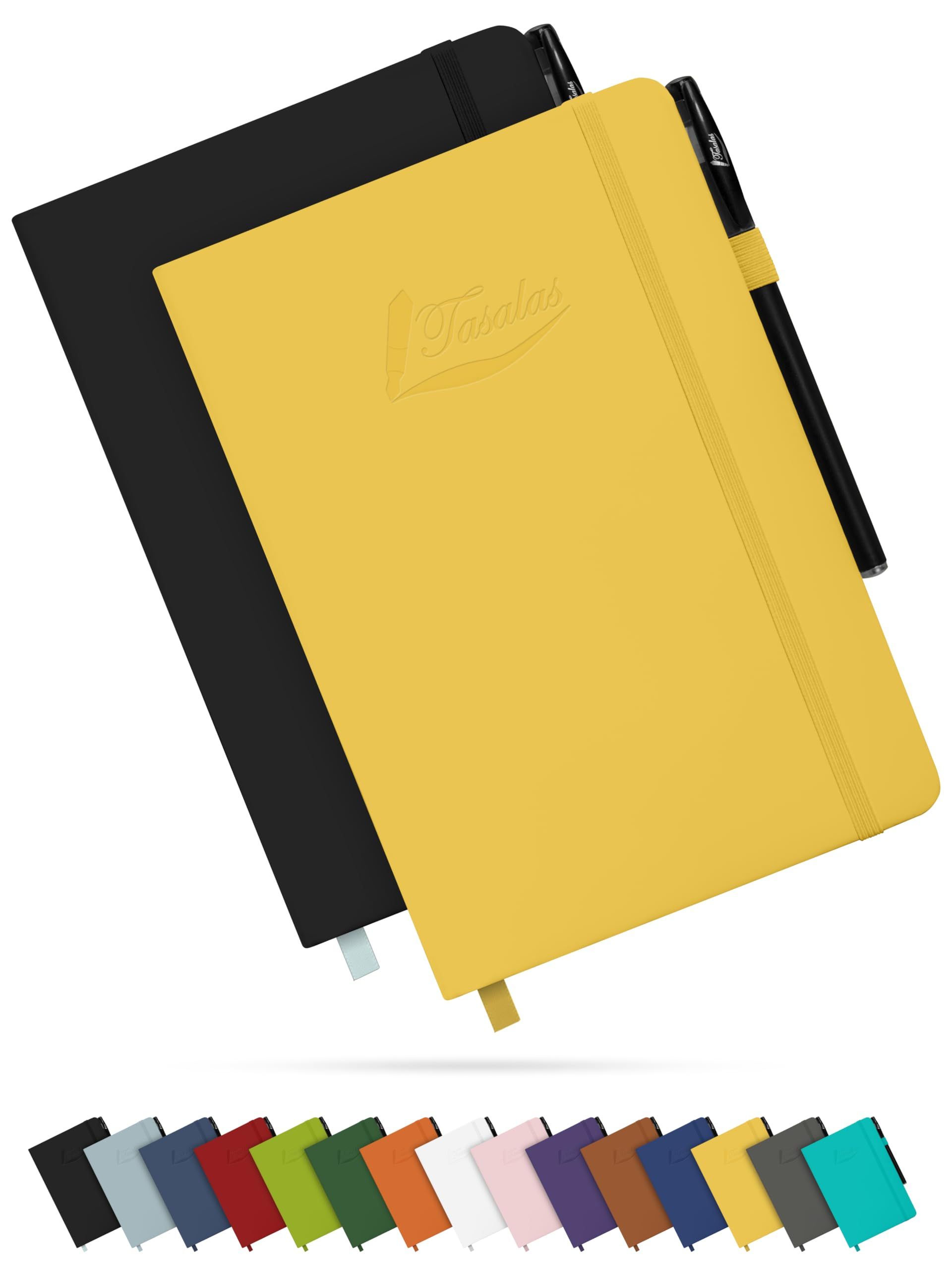 Tasalas A5 Notebooks 2 Pack with Pen - 200 Lined Pages, Black & Yellow, Soft Cover