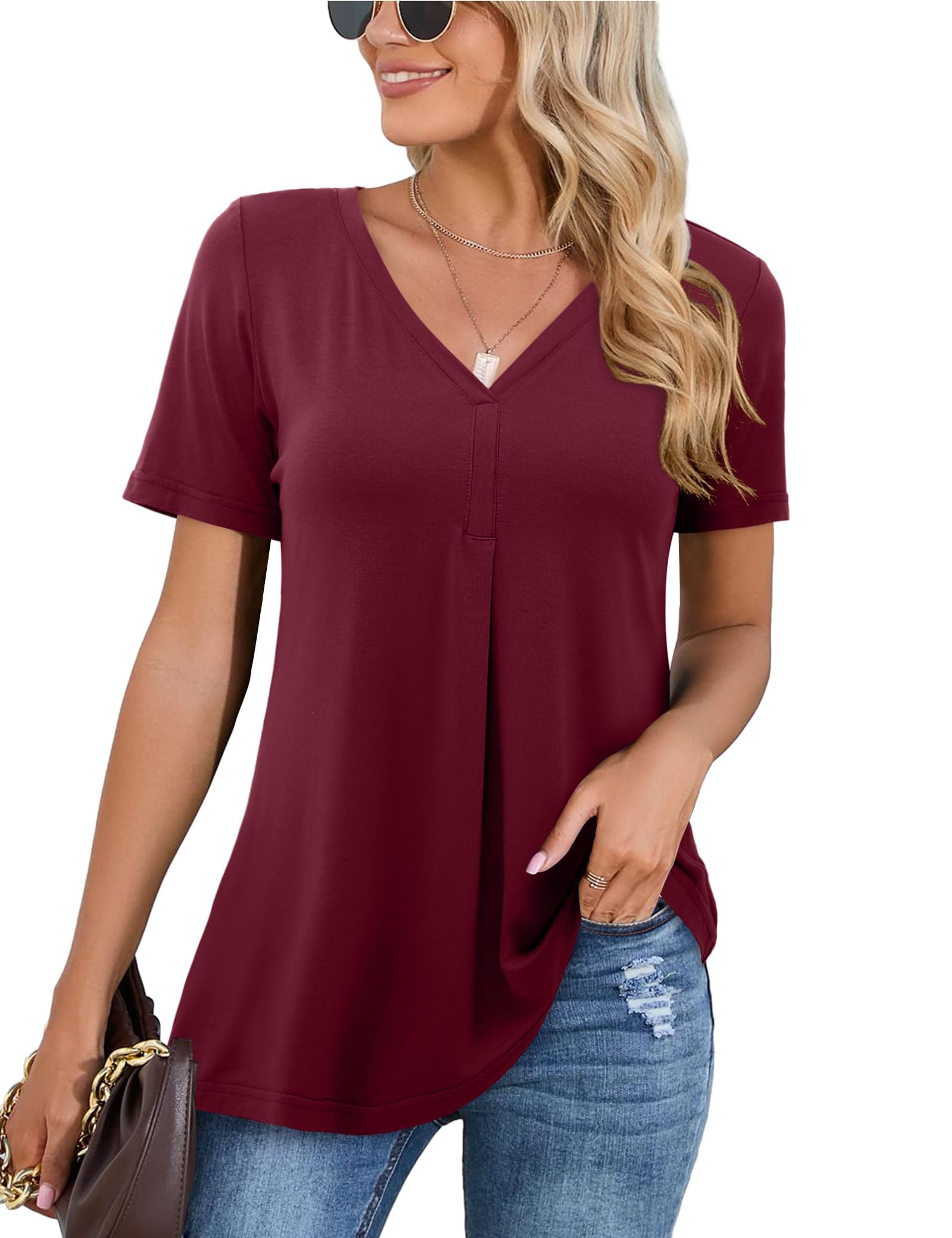 Beluring Women's Casual Summer Top - Pleated V-Neck Short Sleeve Shirt With Curved Hem