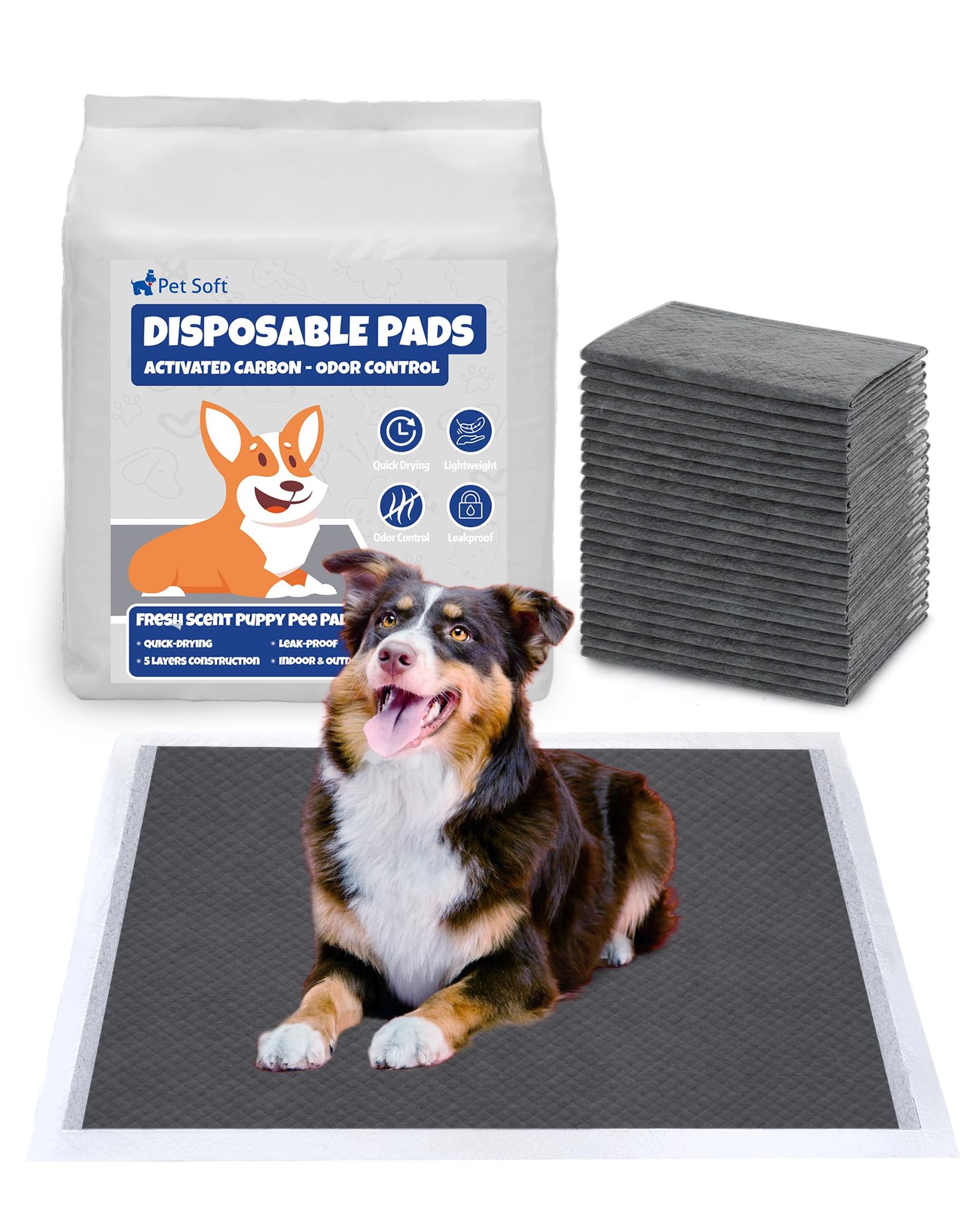 Disposable Puppy Training Pads Activated Carbon Super Absorbent Leak-Proof for Dogs Cats Rabbits - Black 60x90cm 20 Count