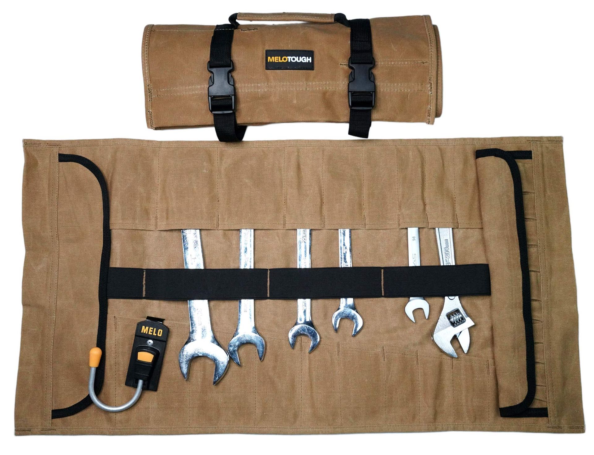 Waxed Canvas Tool Roll 32-Pocket Wrench and Socket Storage Pouch for Mechanics and DIY - Tan 28x14in