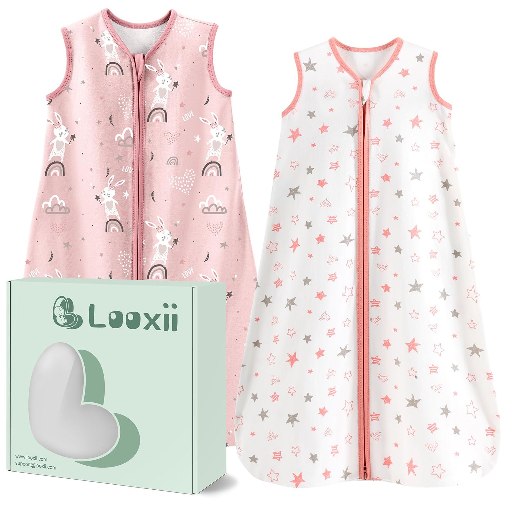 Baby Sleeping Bag 0.5 Tog 100% Cotton 2 Pack Soft Breathable Sleepsack for Newborns 18-24 Months - Pink & Star